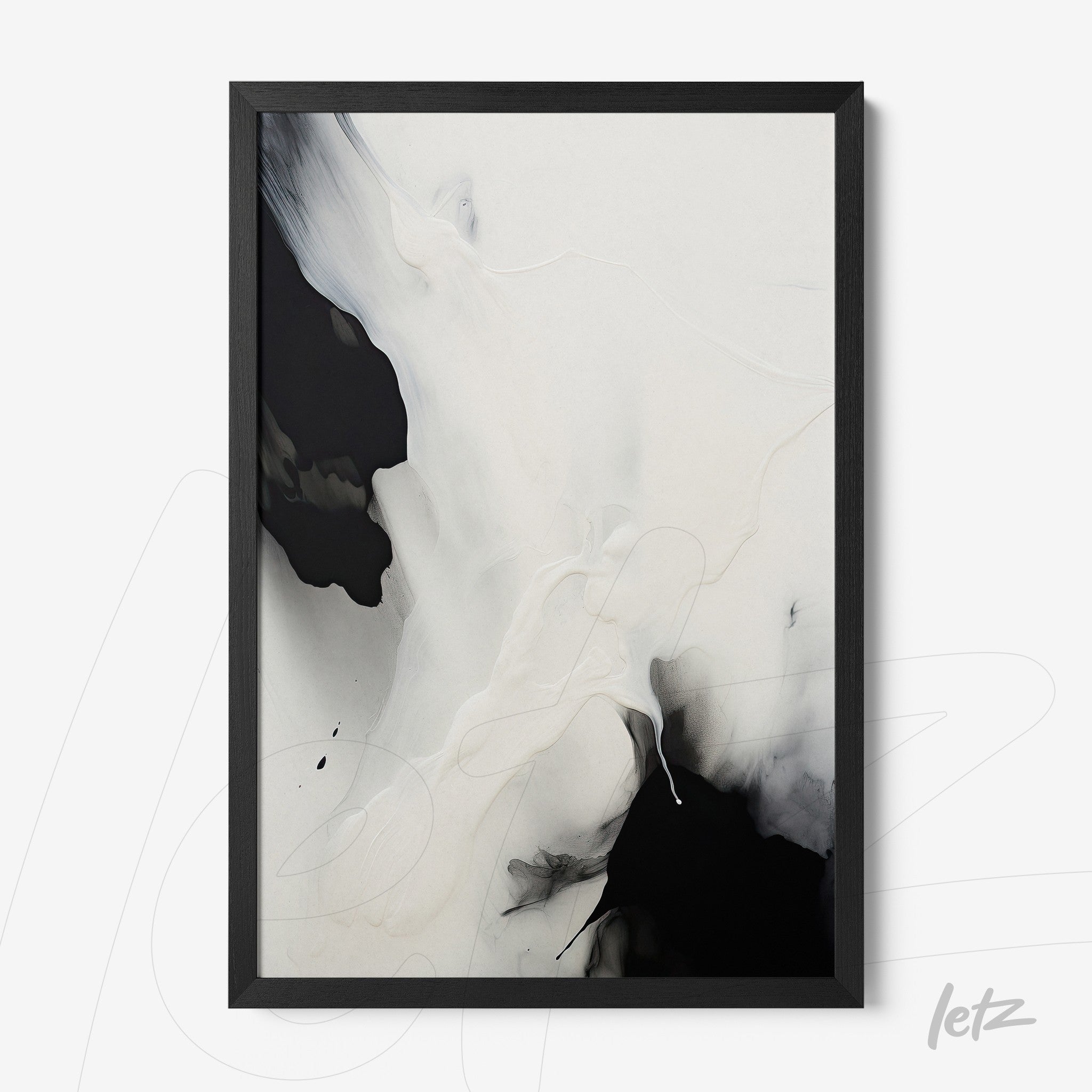 abstract artwork in black and white with a slim black frame
