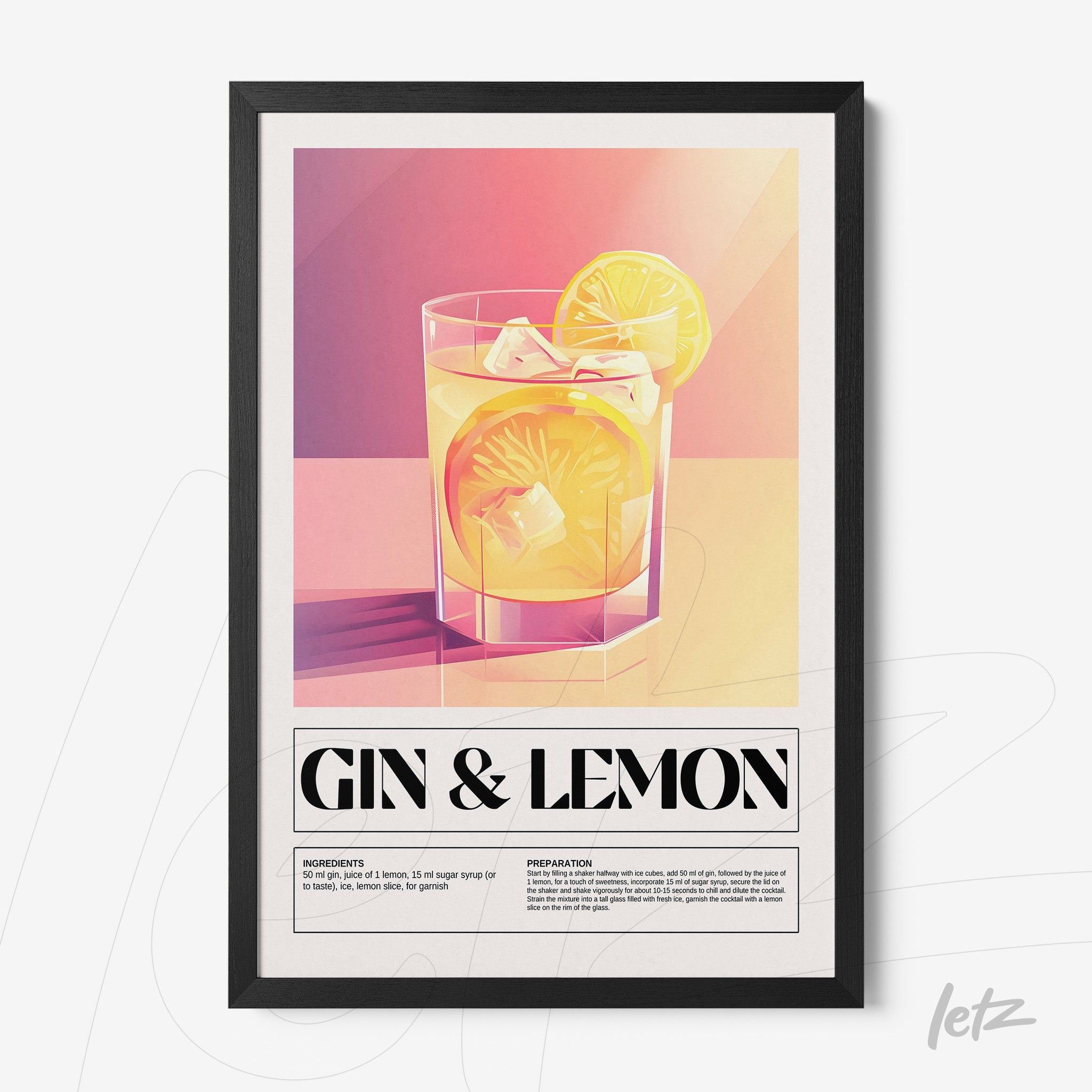 framed wall art featuring digital illustration of gin and lemon cocktail with black thin frame