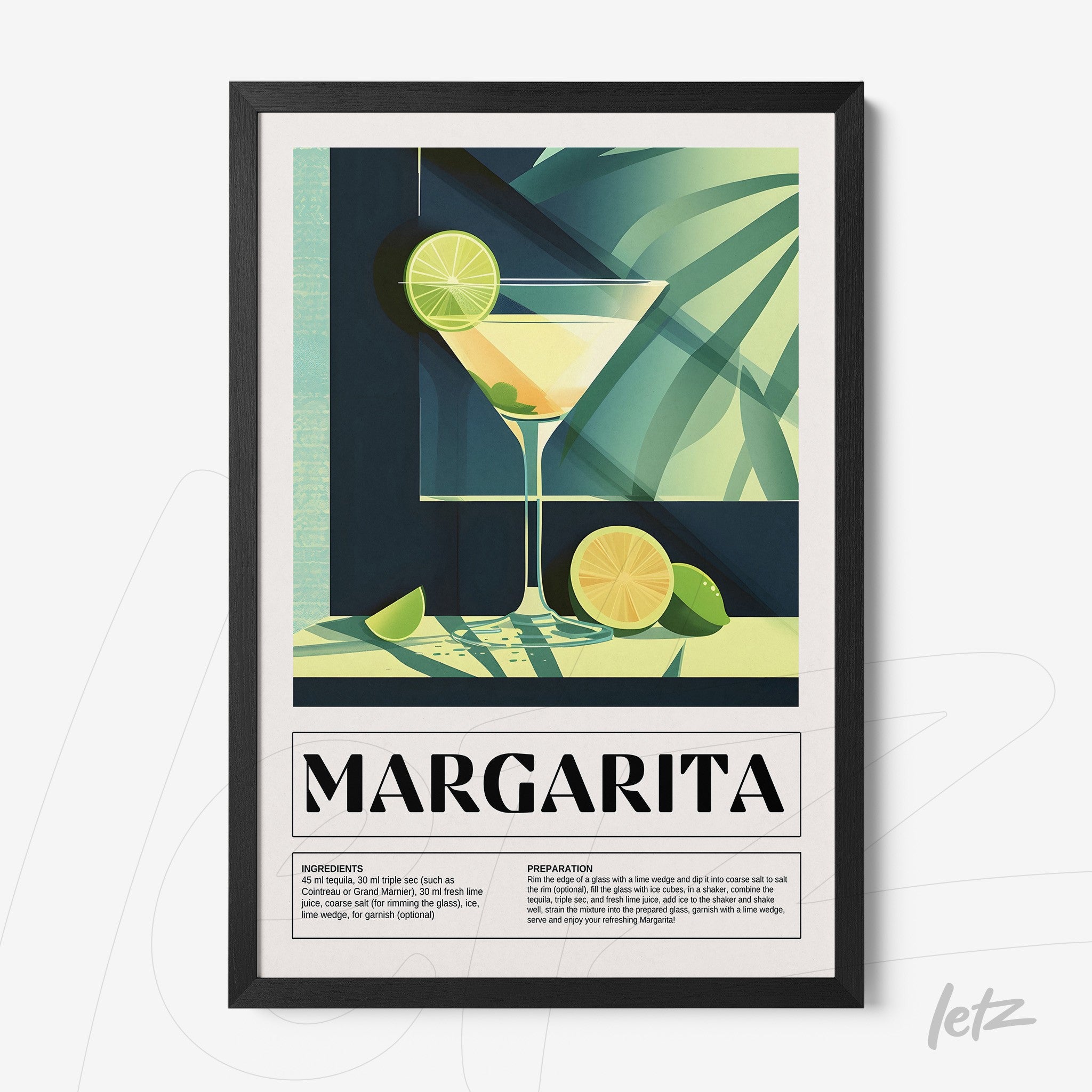framed wall art featuring a graphic illustration of margarita cocktail with black frame