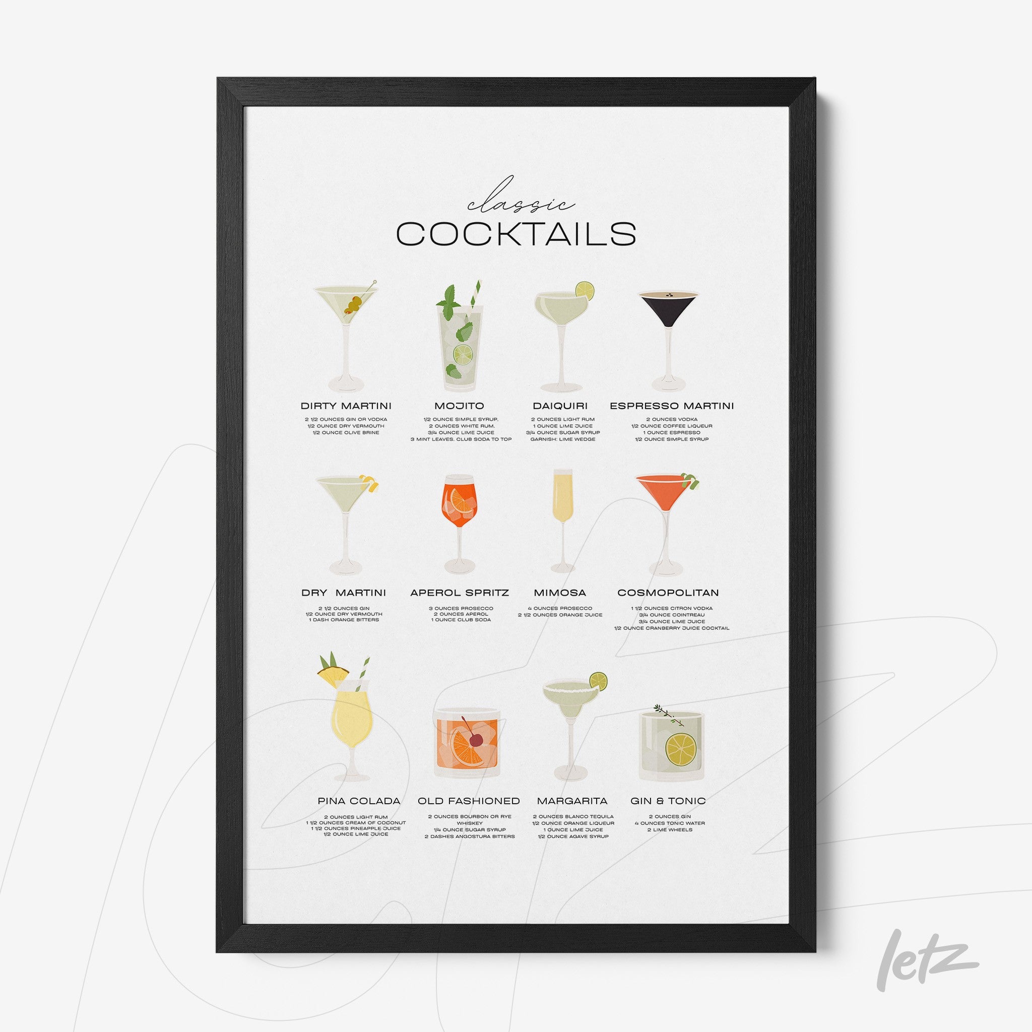 framed wall art featuring illustrations of classic cocktails with nine drink designs on a light background