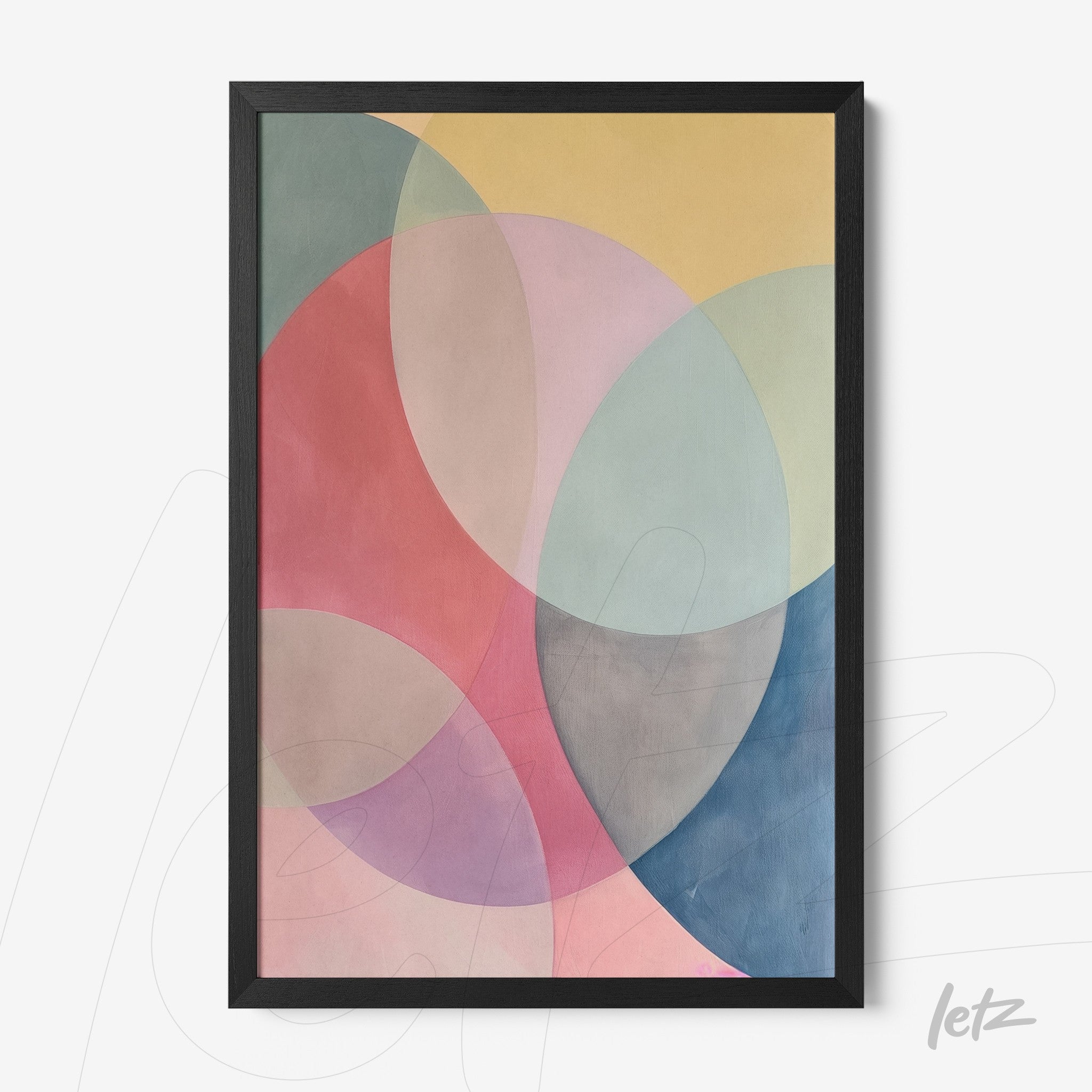 framed abstract artwork featuring overlapping circles in pastel shades with black frame