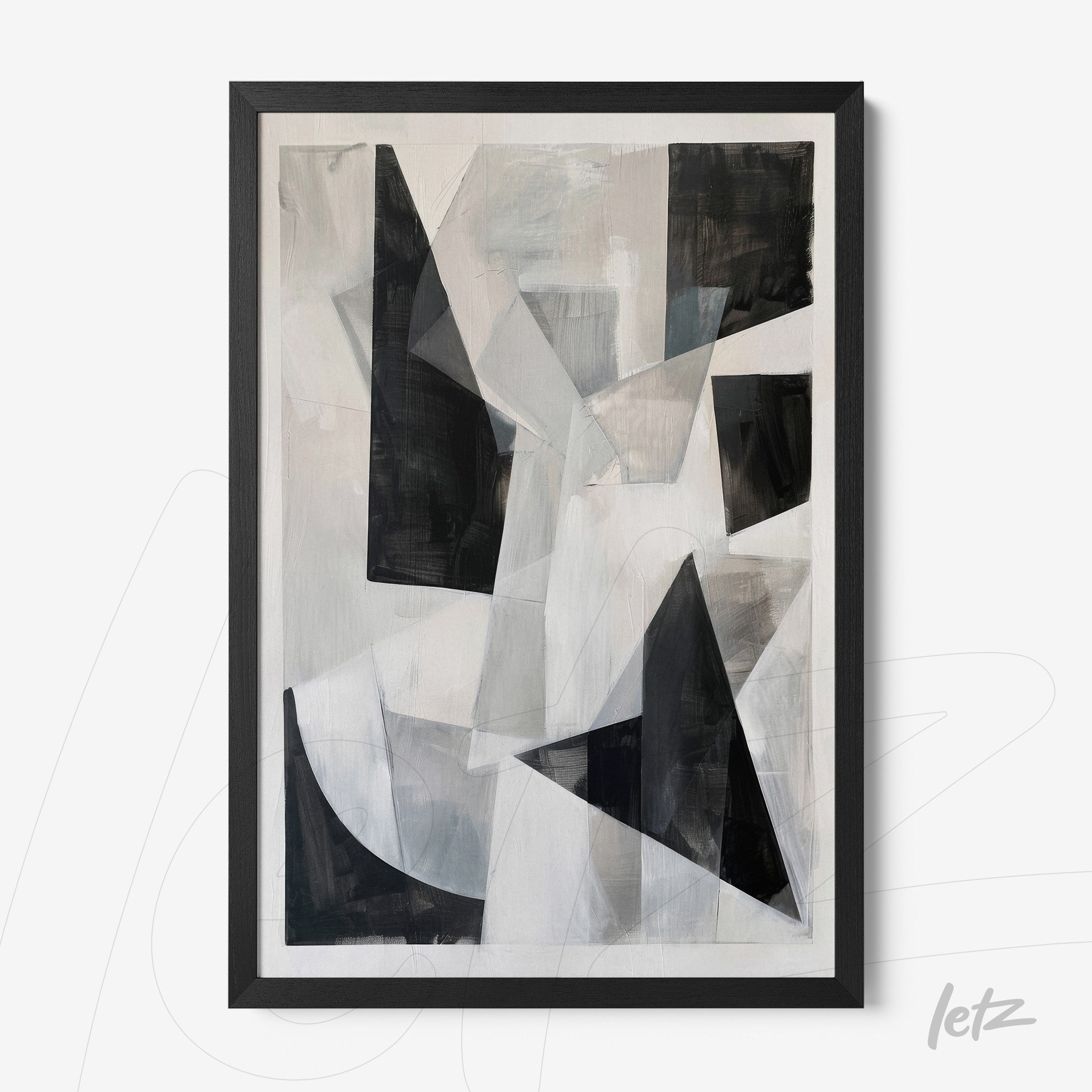 abstract wall art in black and white tones with a thin black frame