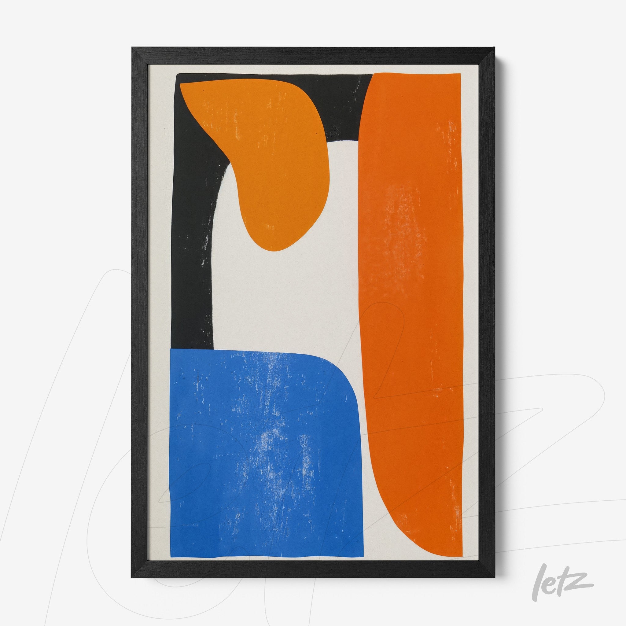 framed abstract artwork in shades of orange, blue, and black