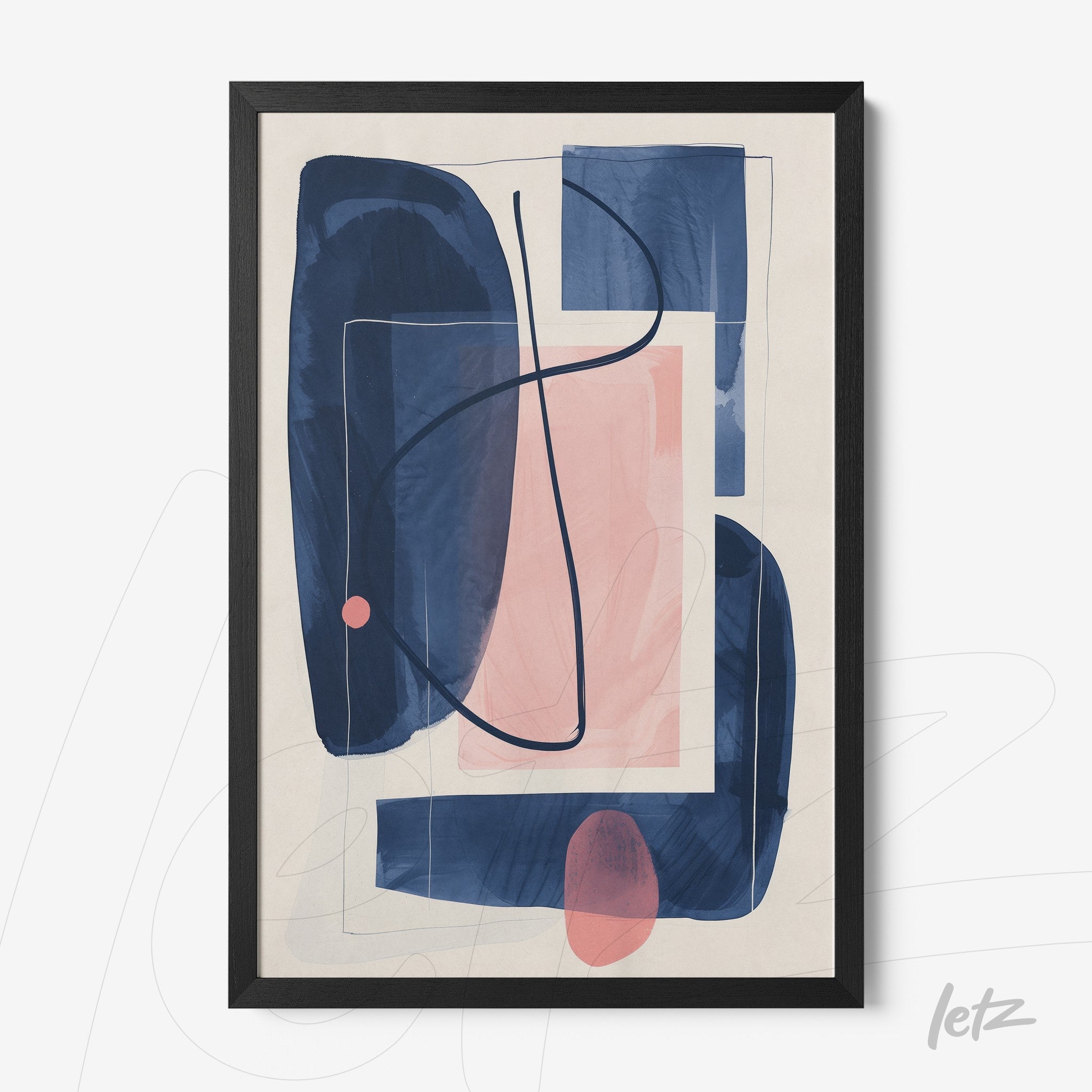 framed abstract art piece in shades of blue and pink with a thin black frame and light background