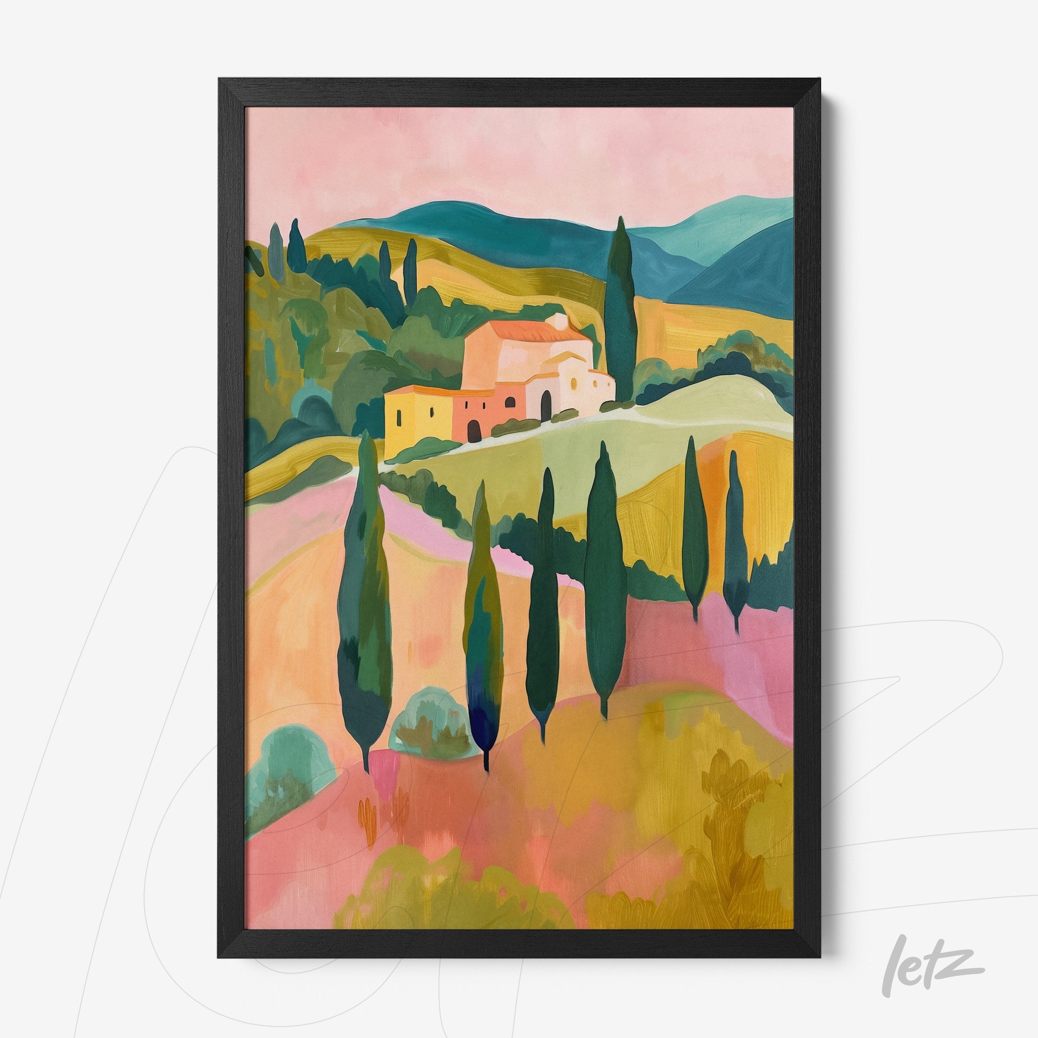 abstract wall art of a rural landscape featuring hills and cypress trees in a black frame