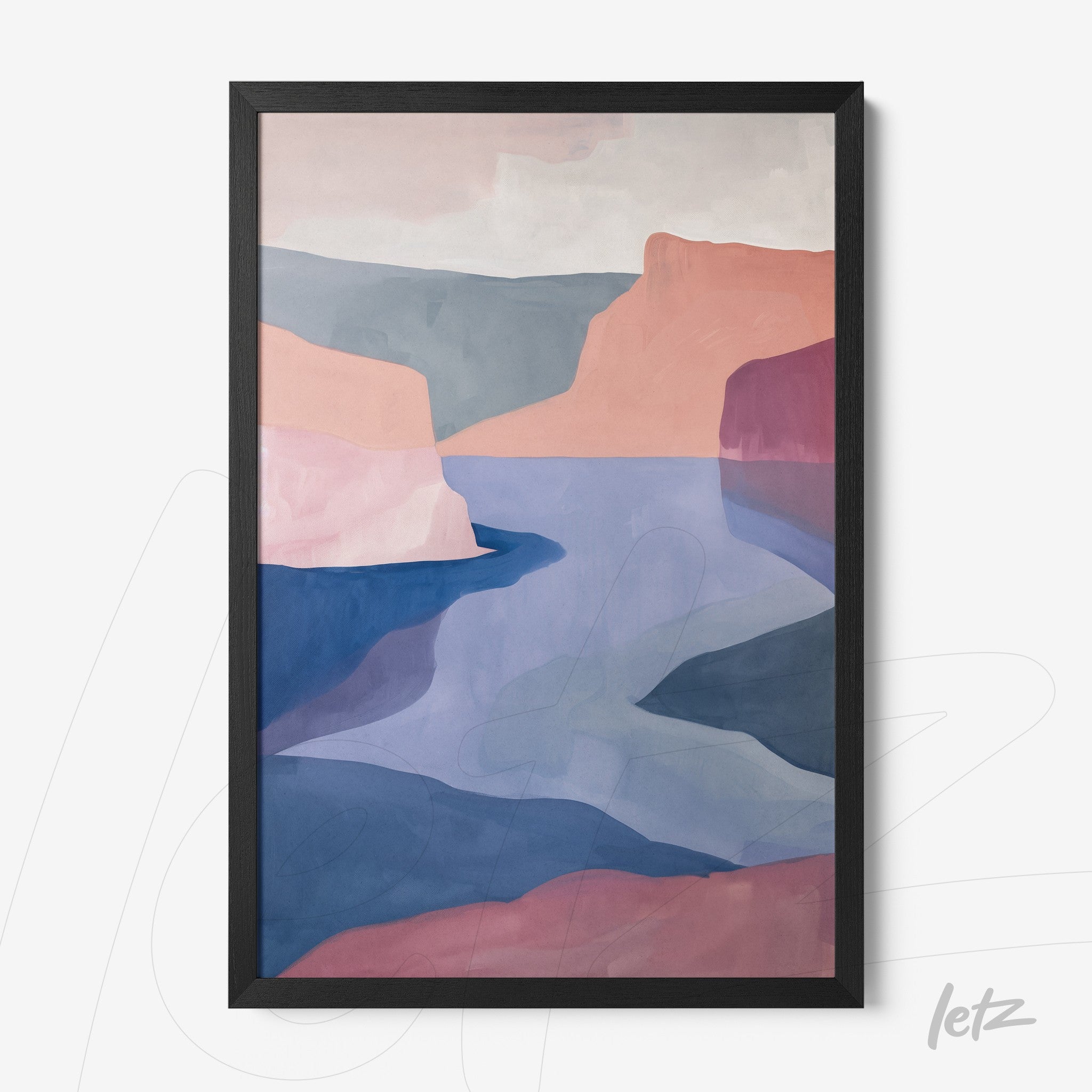 framed abstract artwork in soft shades of pink and blue depicting a landscape with mountains and a body of water
