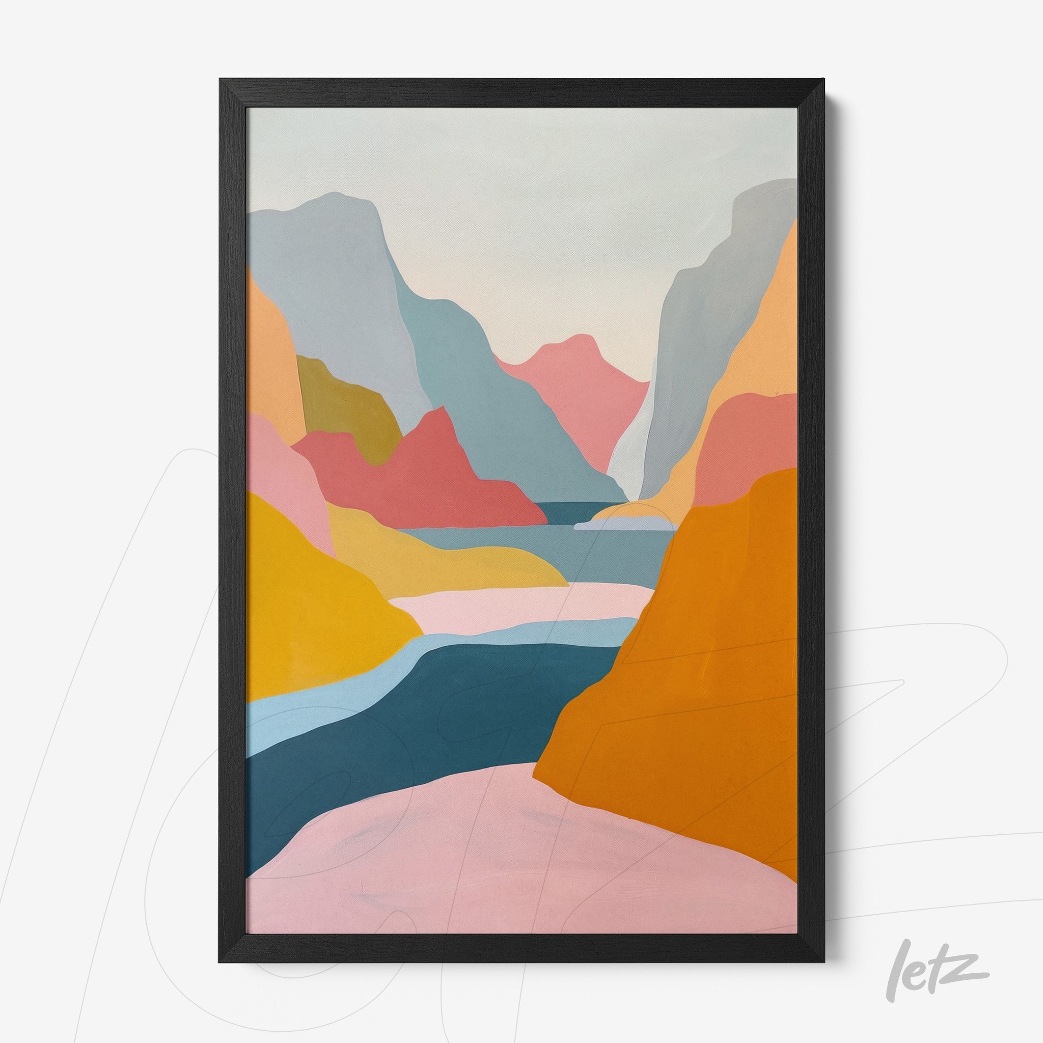 abstract artwork featuring colorful mountains and a lake in pastel tones with a black frame