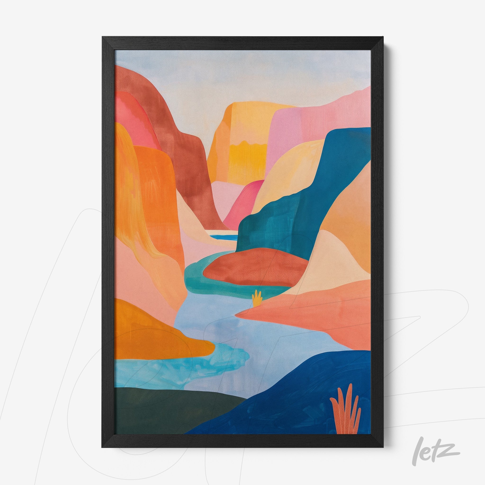 framed artwork of an abstract canyon landscape in vibrant colors with black frame