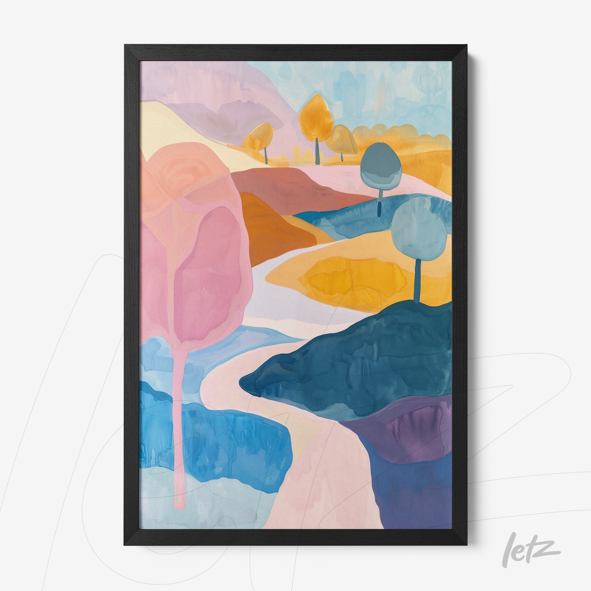abstract landscape framed wall art with colorful trees and a winding path