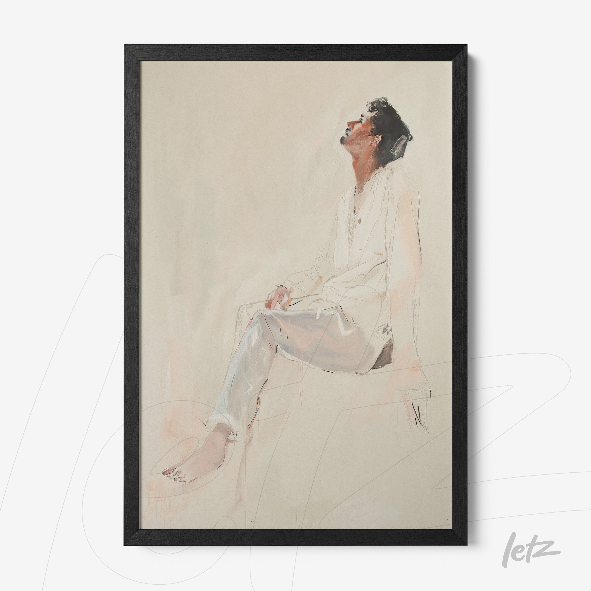 portrait art in watercolor of a man sitting with black frame