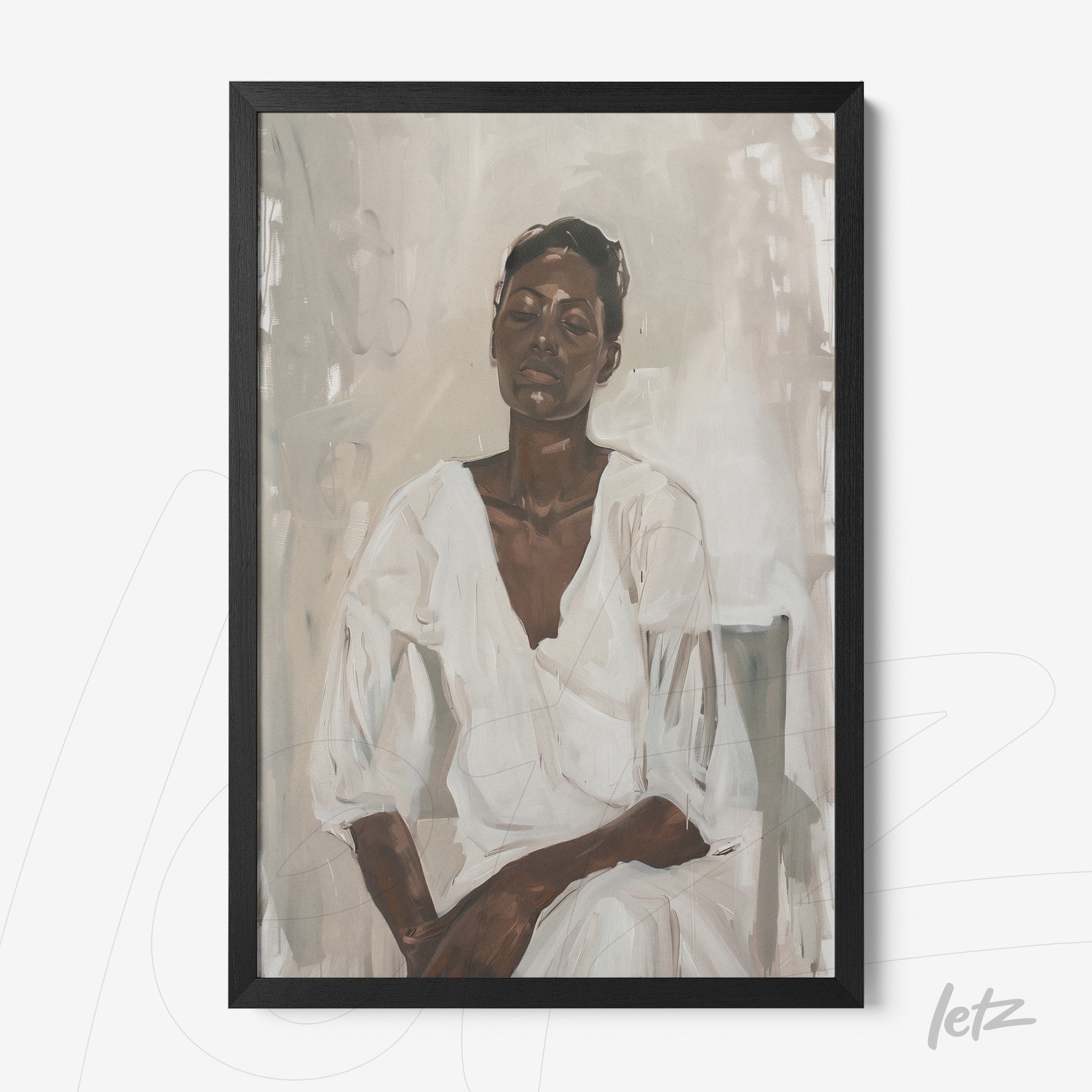 framed portrait art of a woman in neutral tones wearing a white top