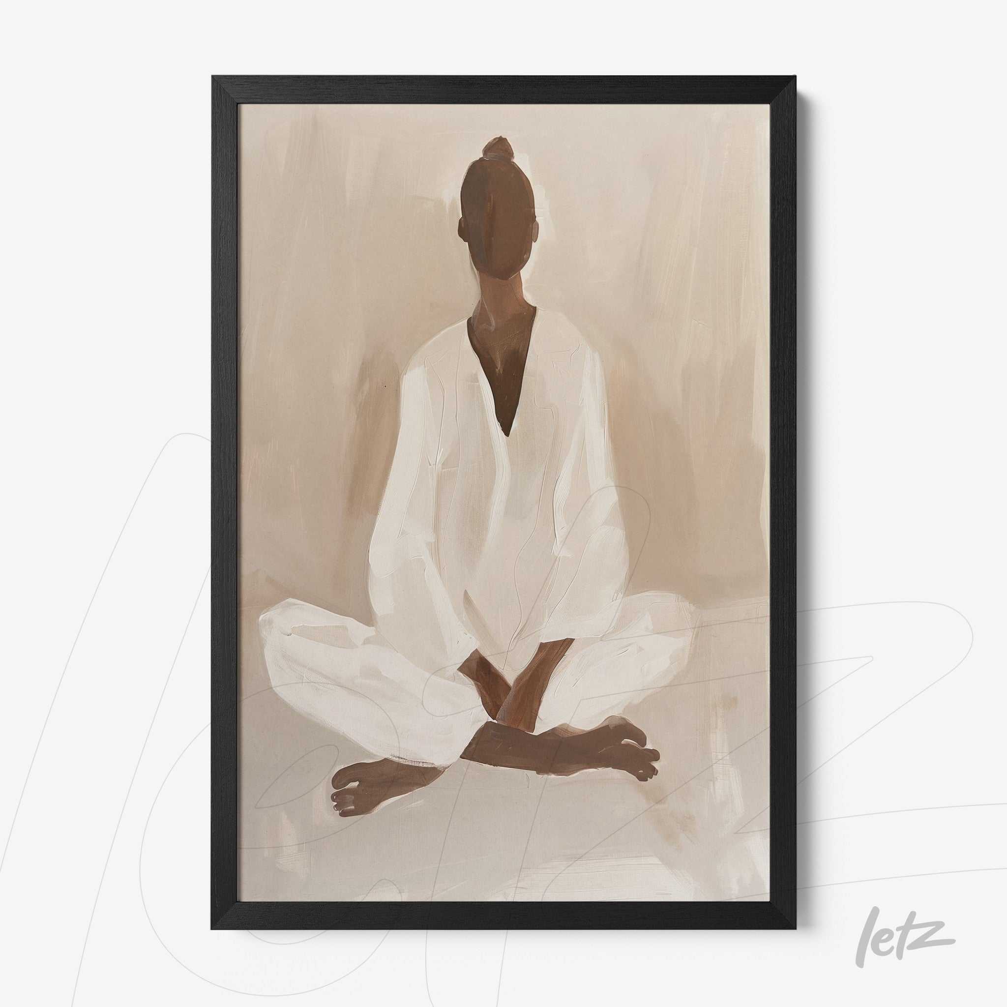 minimalist wall art of a sitting female figure meditating in neutral tones with a black frame