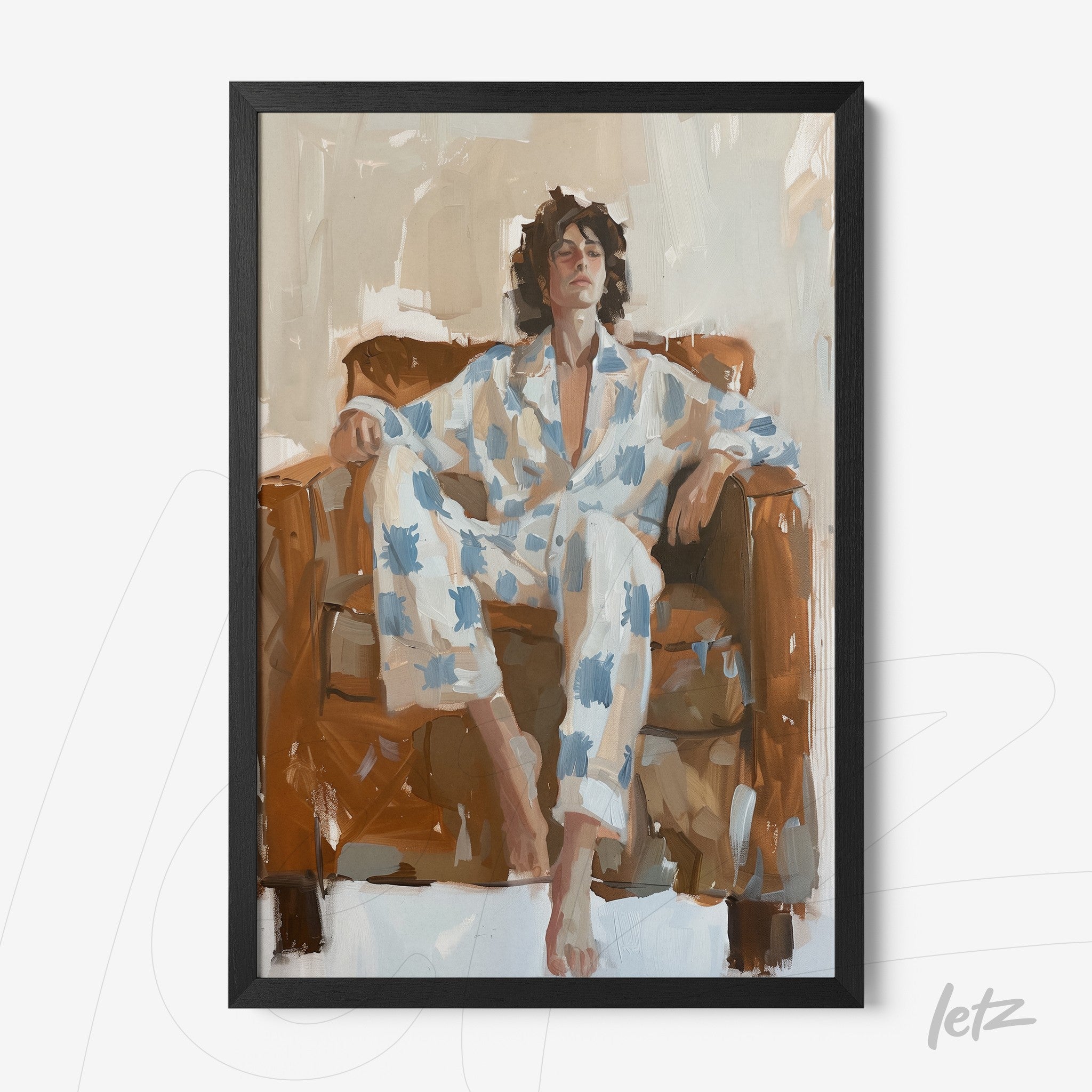 framed wall art depicting a man relaxing on a brown sofa, dressed in blue and white pajamas