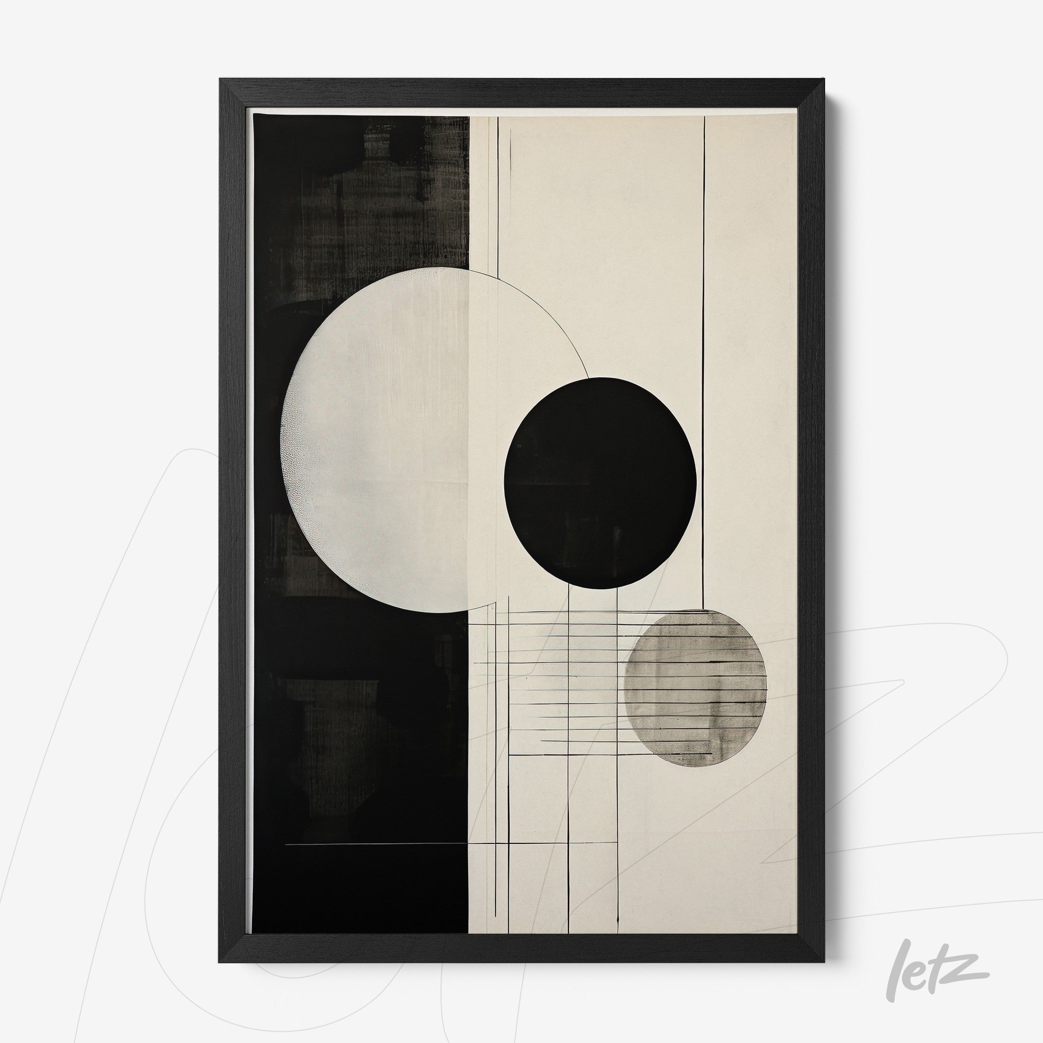 abstract wall art in black and white featuring circular shapes and geometric lines with black frame