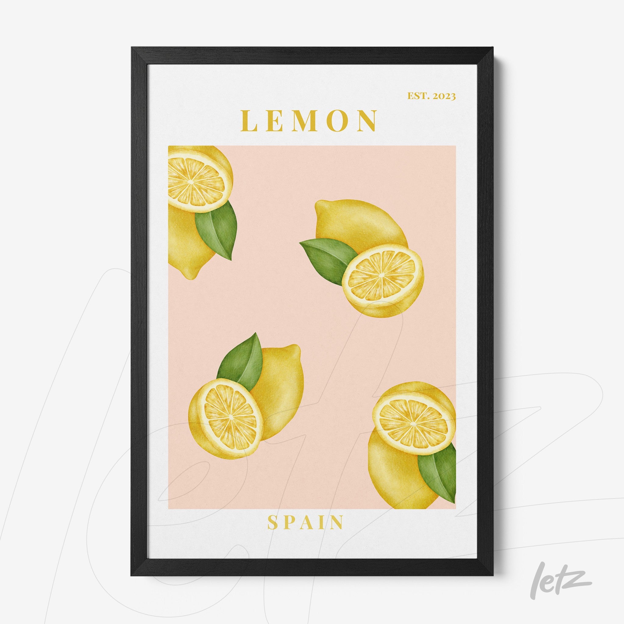 framed art featuring yellow lemons on a pink background with black frame