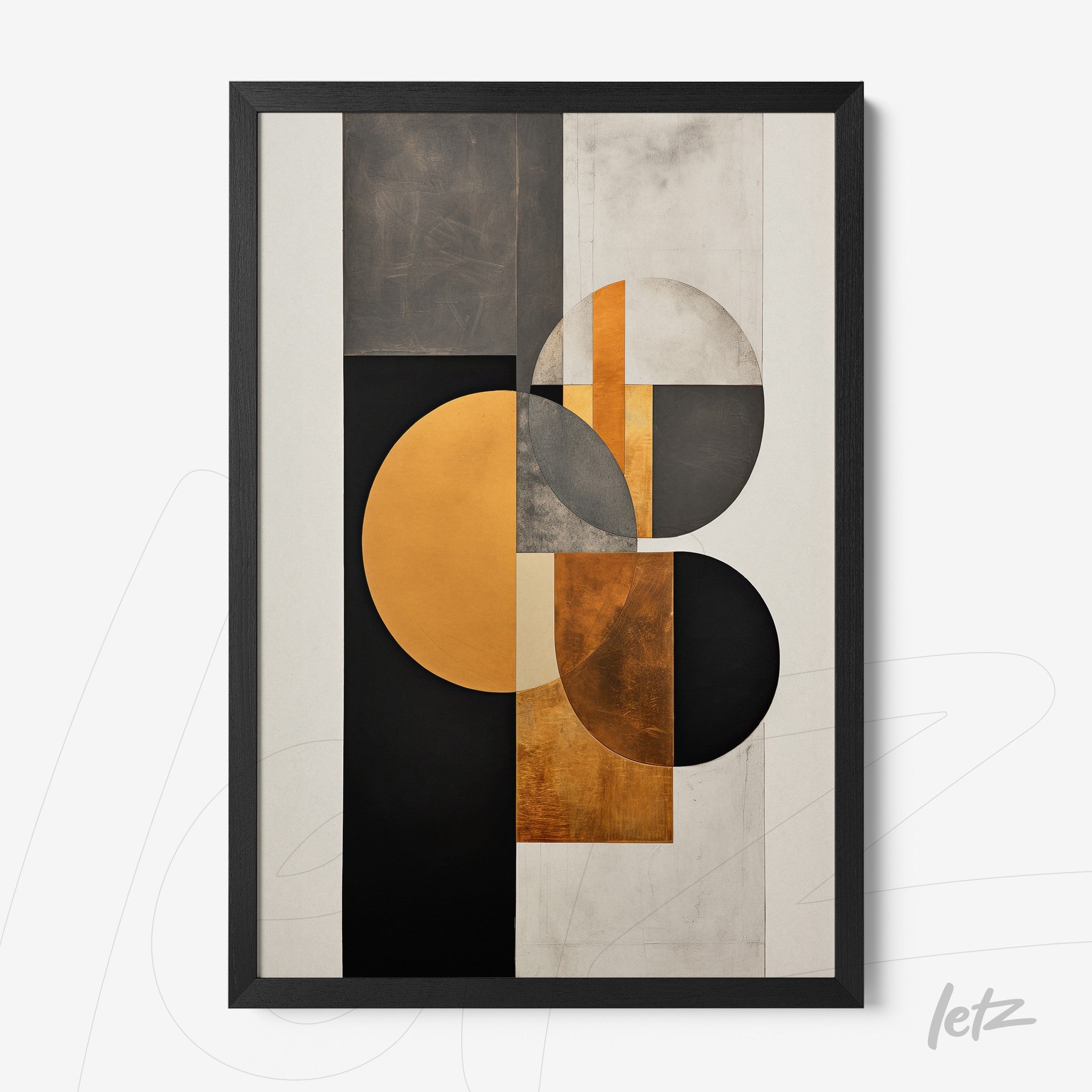 framed wall art featuring modern geometric design in black, gray, and gold tones