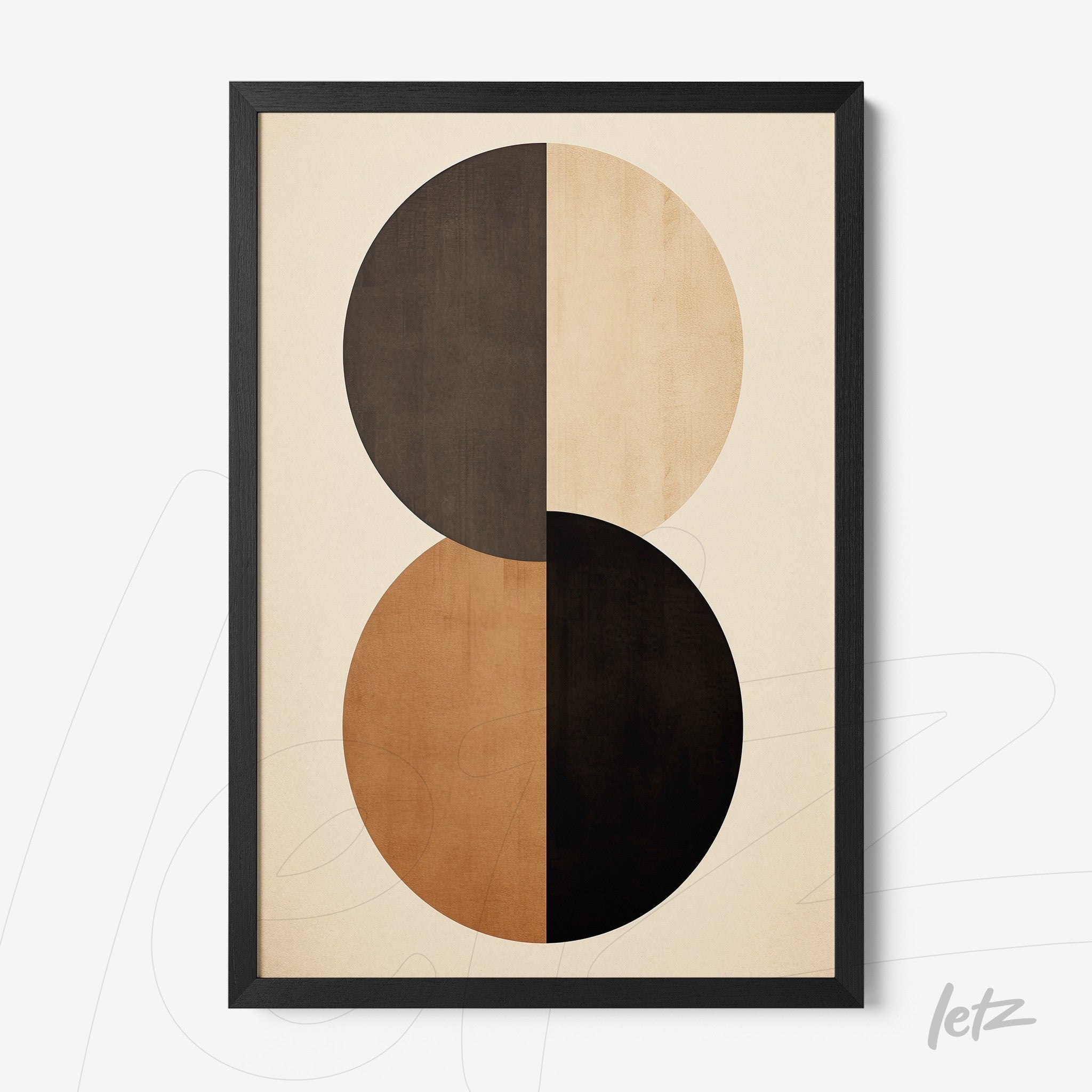 abstract wall art featuring earthy toned circles in a black frame