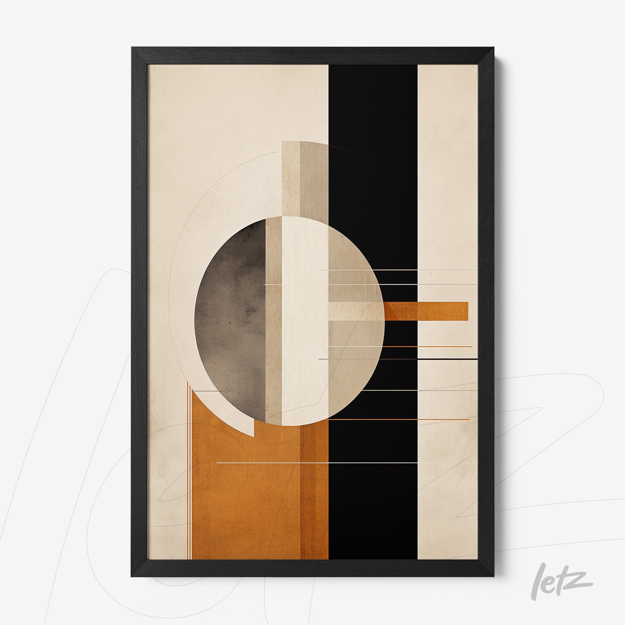 framed abstract art in earthy tones and black features geometric shapes arranged in a balanced composition