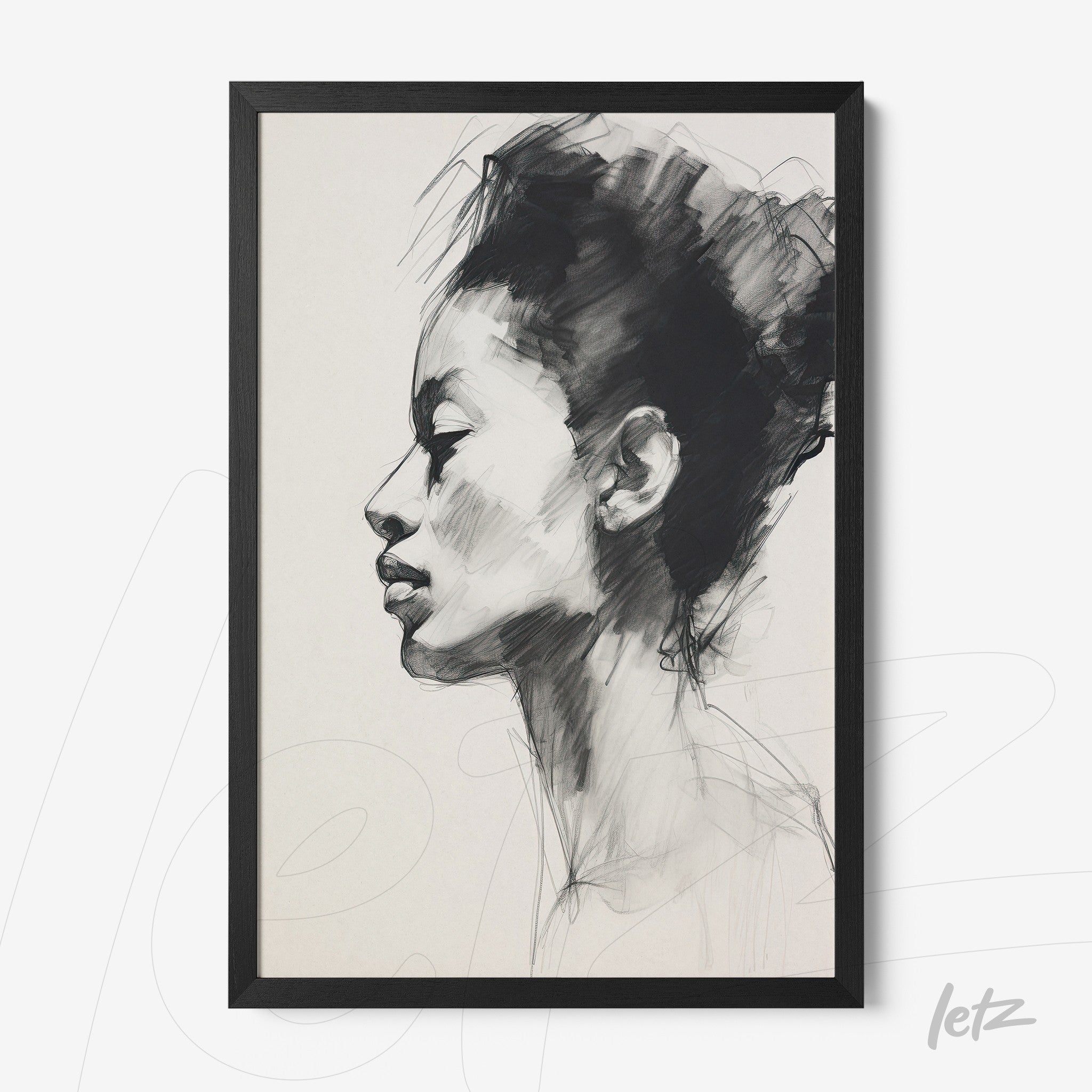 framed wall art featuring a profile portrait of a woman with black brush strokes on a light background