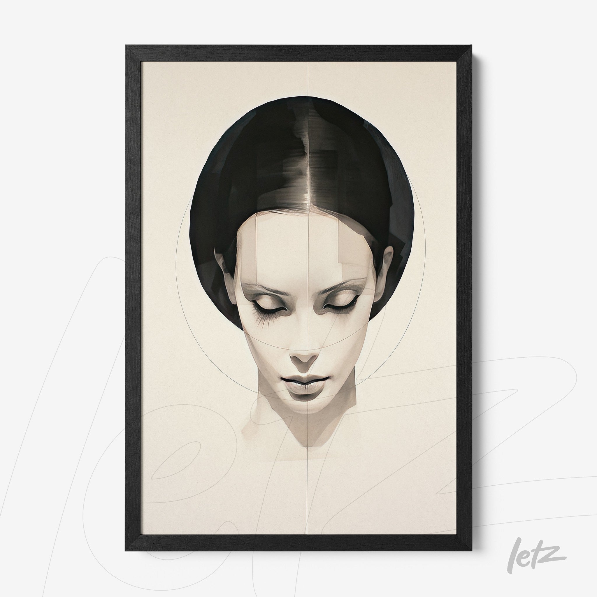 framed minimalist art of a female portrait with black frame