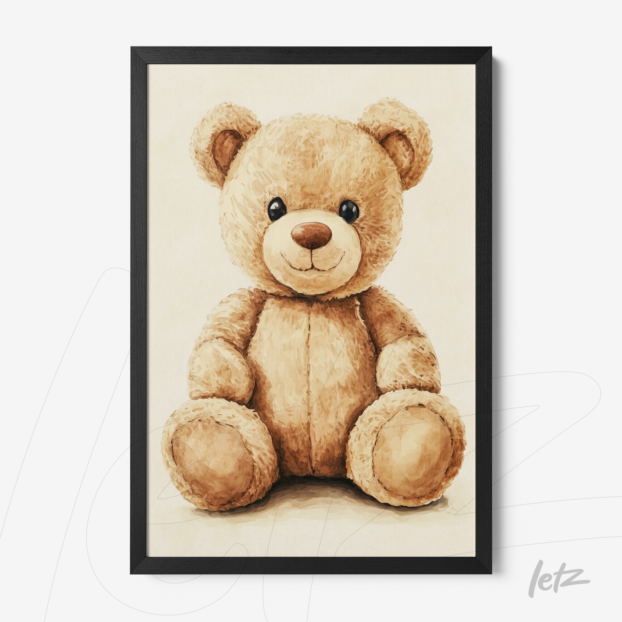 framed illustration of a teddy bear with minimalist black frame