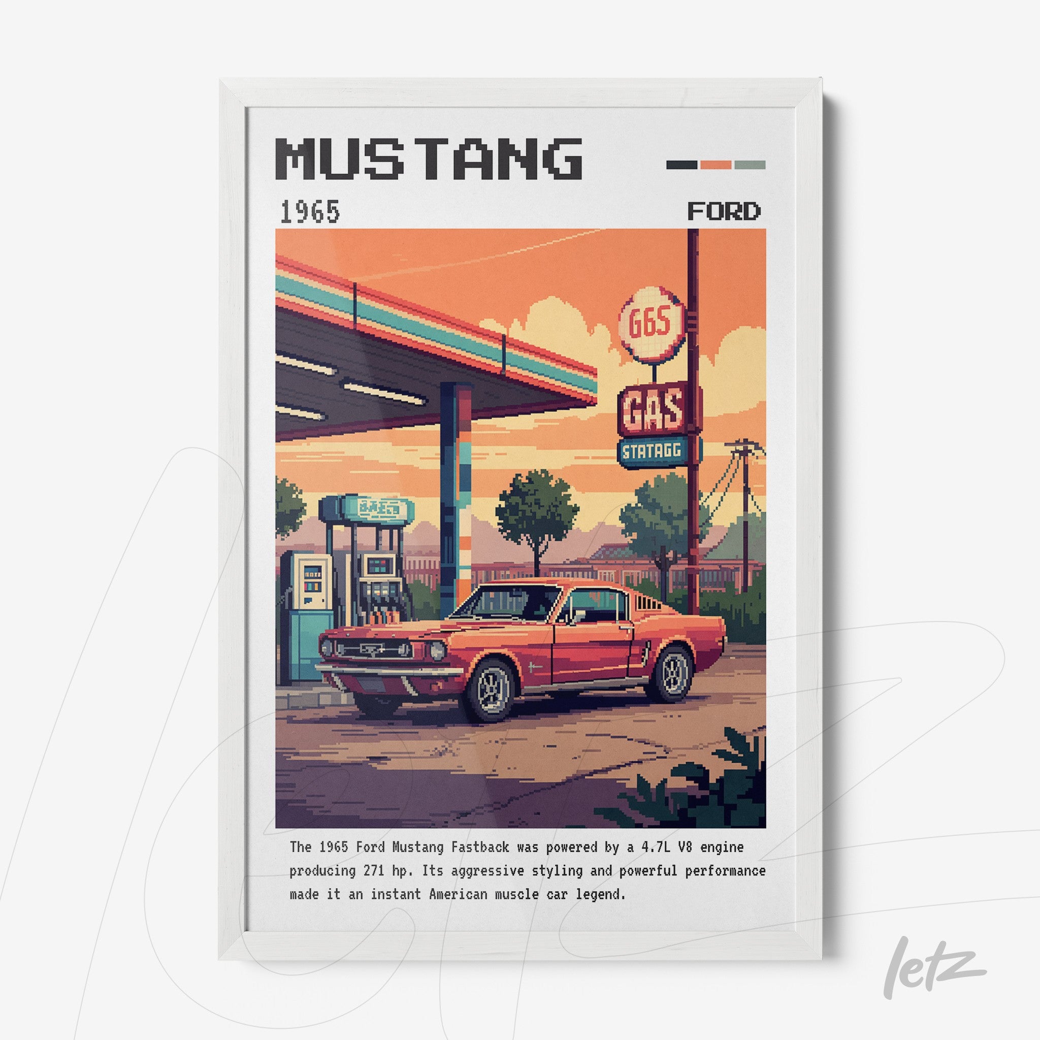 pixel art framed print of a 1965 Ford Mustang parked at a gas station with a white frame