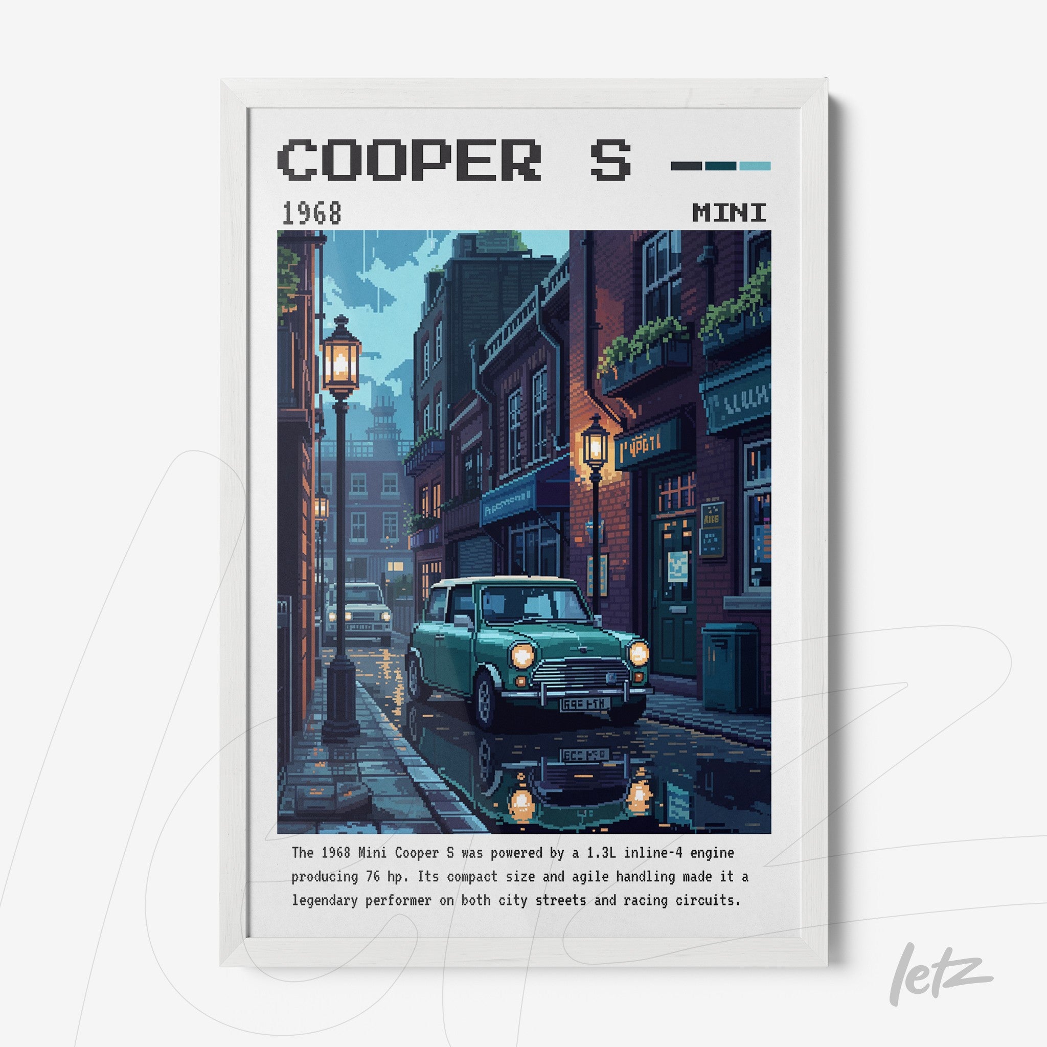 pixel art framed print of a Mini Cooper S on a nighttime street, featuring a white frame
