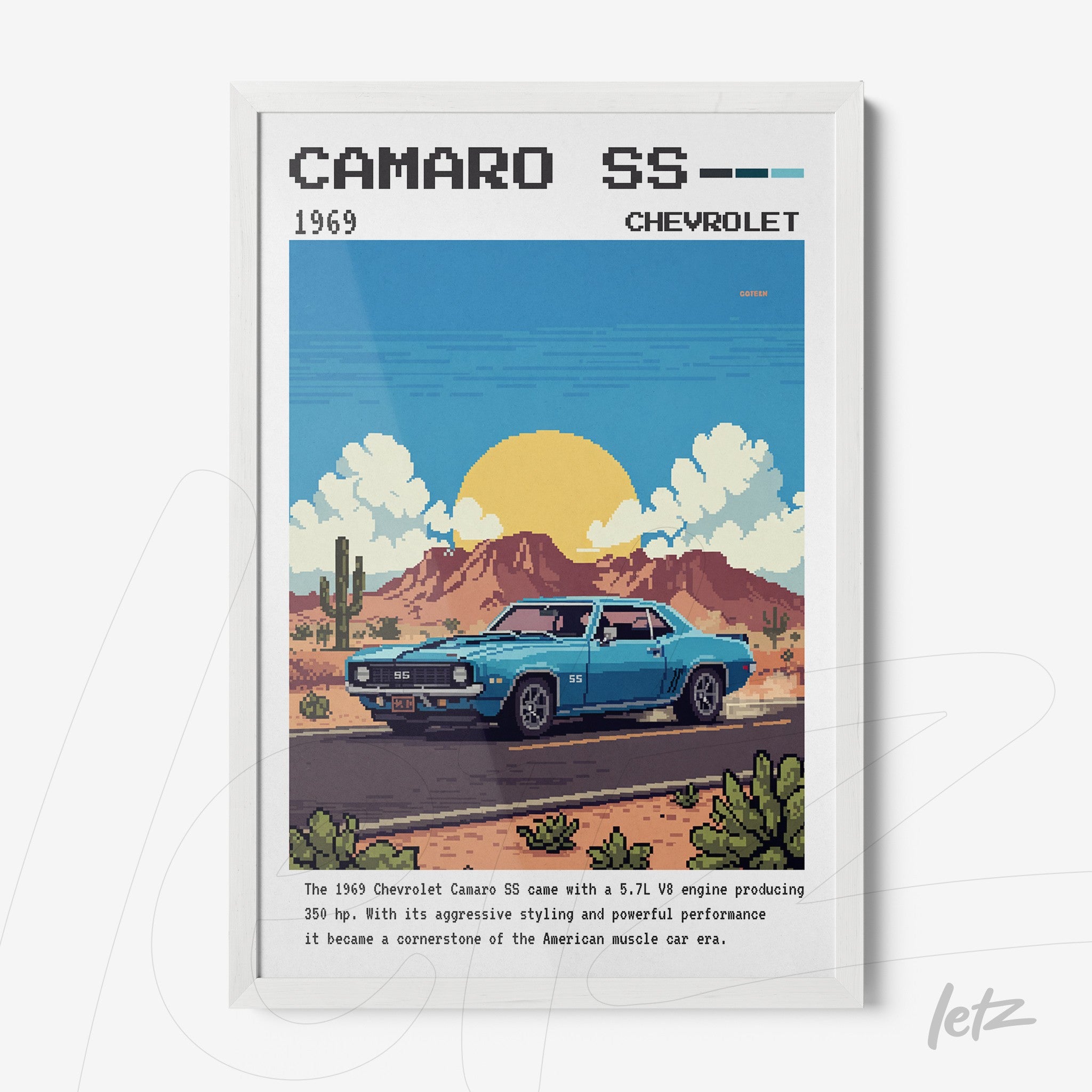 pixel art featuring a 1969 Chevrolet Camaro SS in front of a desert landscape framed with a white frame
