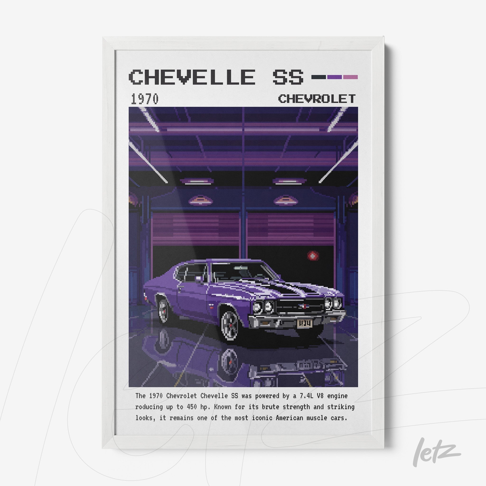 framed digital art of a classic 1970 Chevrolet Chevelle SS with a white frame