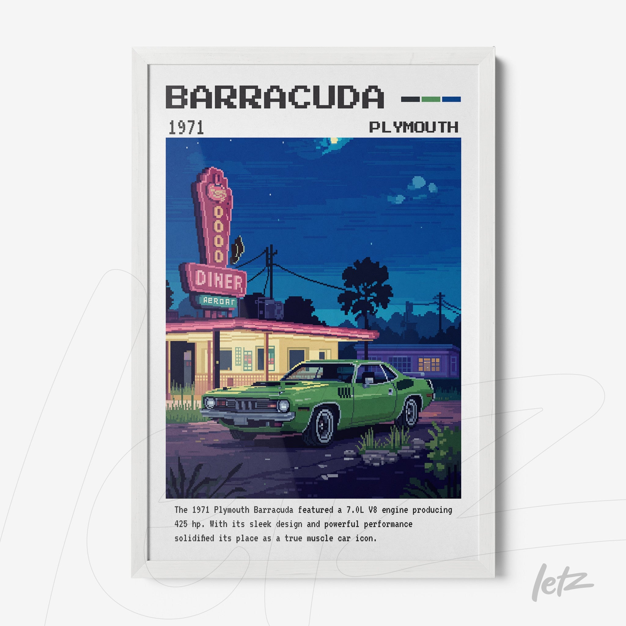 retro digital art print of a green Plymouth Barracuda in front of a diner with a pixelated illuminated sign