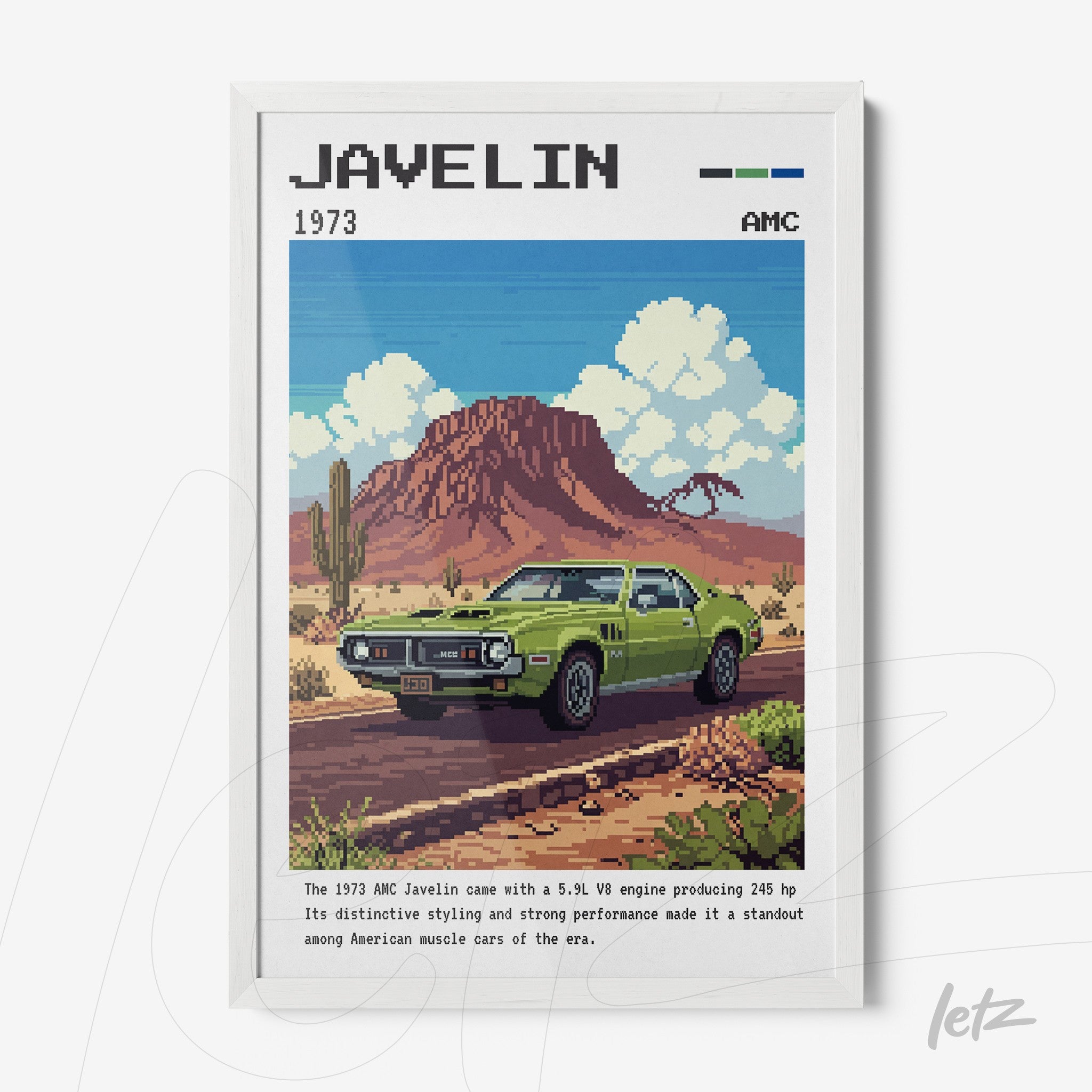 pixel art depiction of the 1973 AMC Javelin car in a white frame