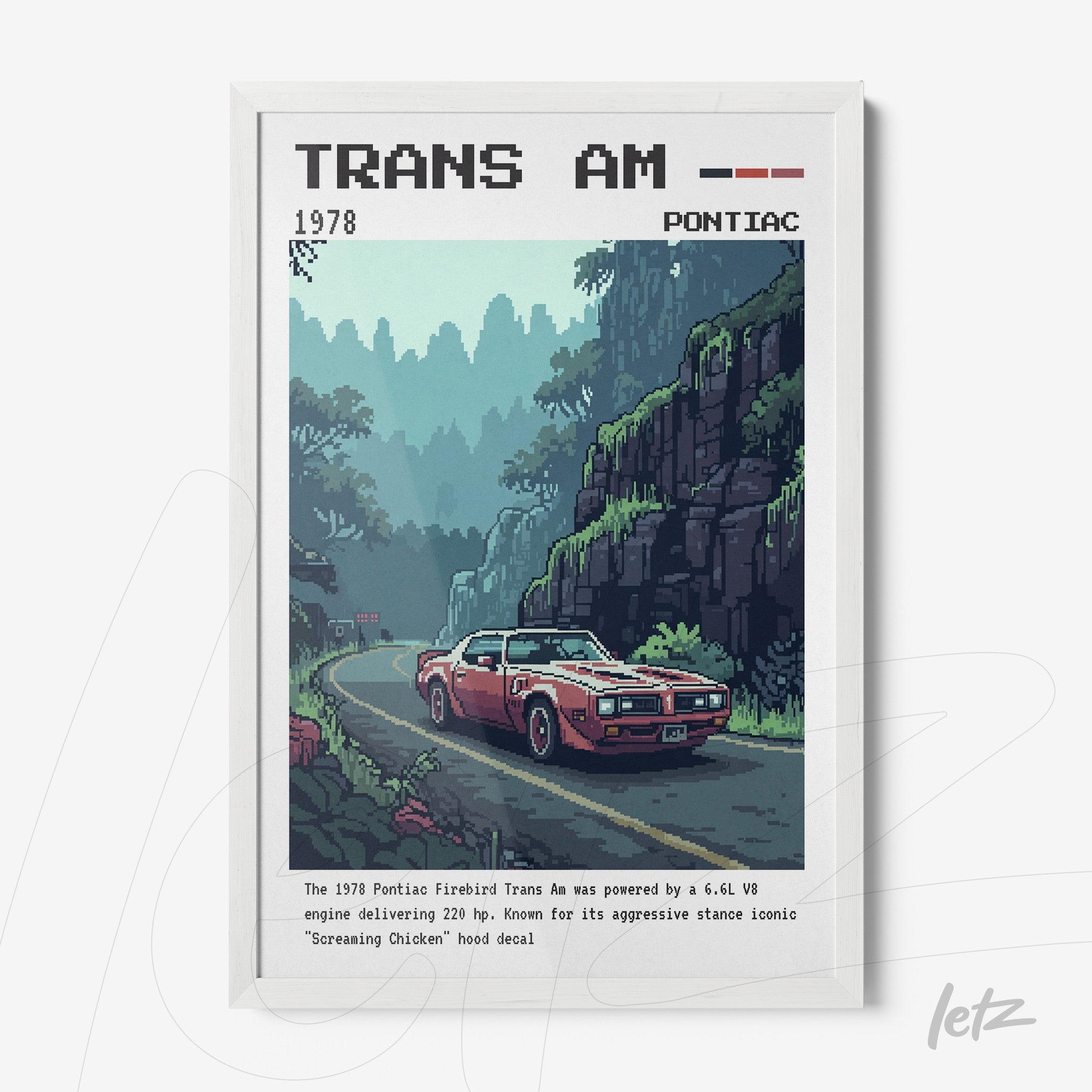 pixel art framed depiction of a red Pontiac Trans Am on a winding road with mountains in the background, white frame