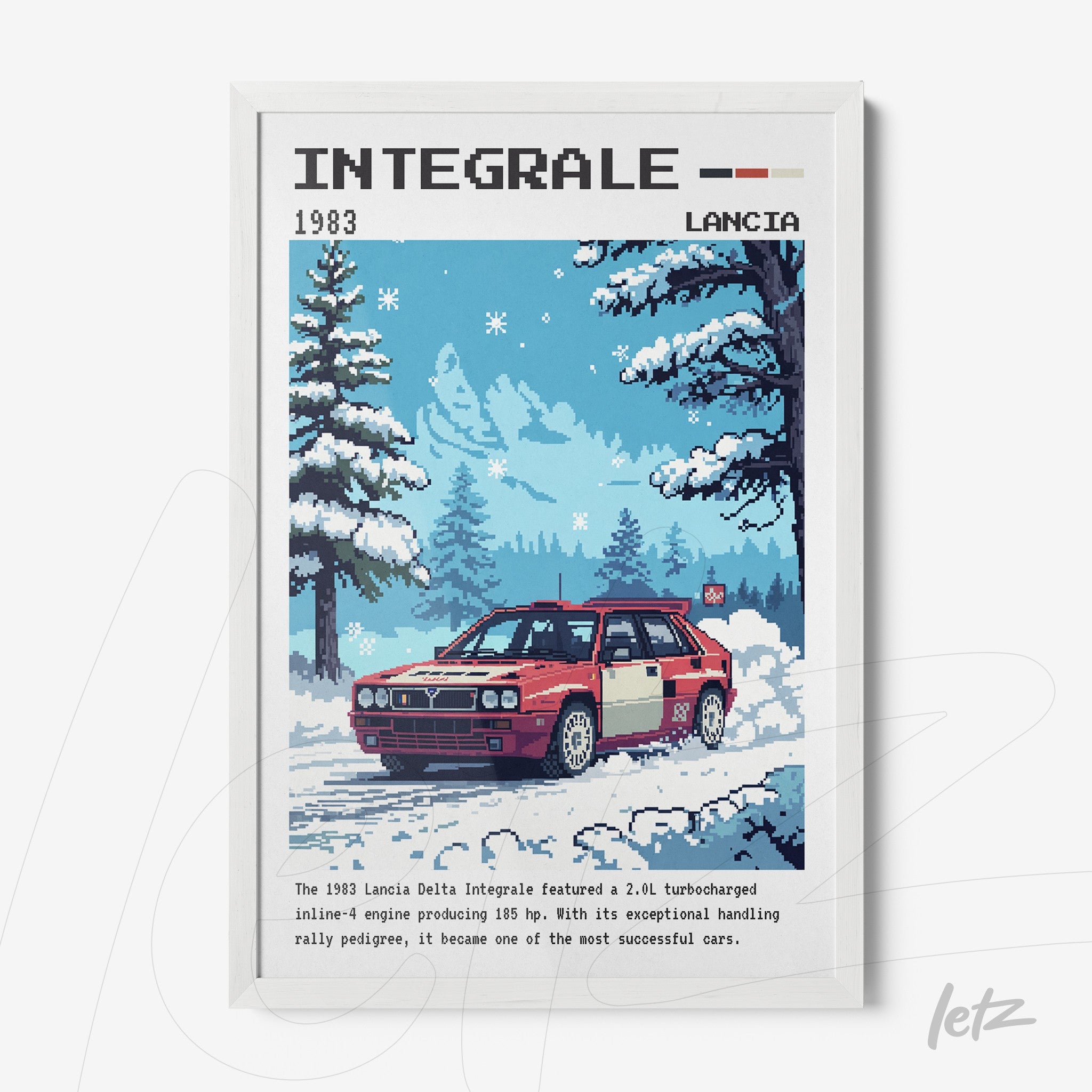 framed wall art featuring pixel art of a Lancia Delta Integrale car in a winter scene with snowflakes