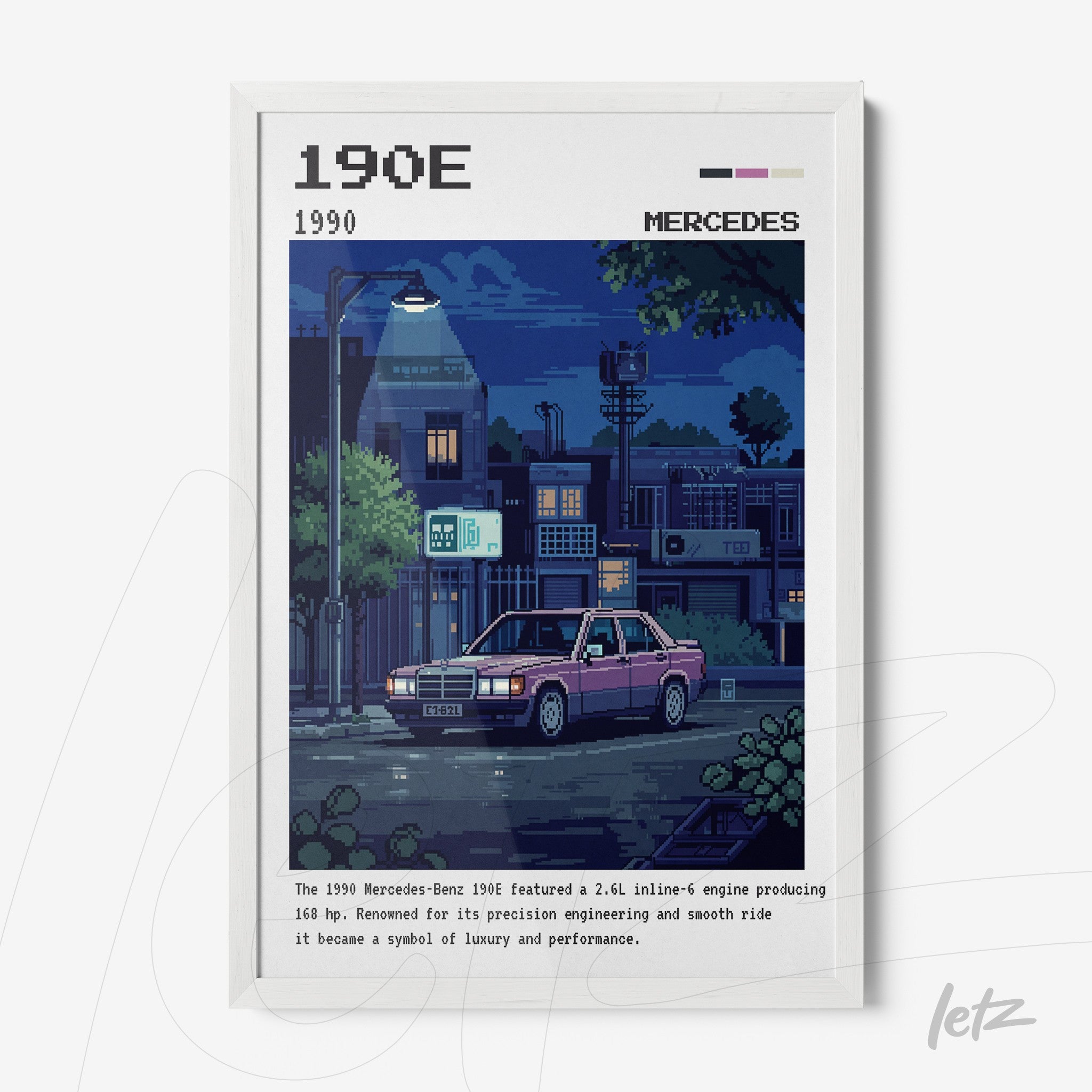 framed pixel art of a Mercedes-Benz 190E in a nighttime setting with streetlight illumination