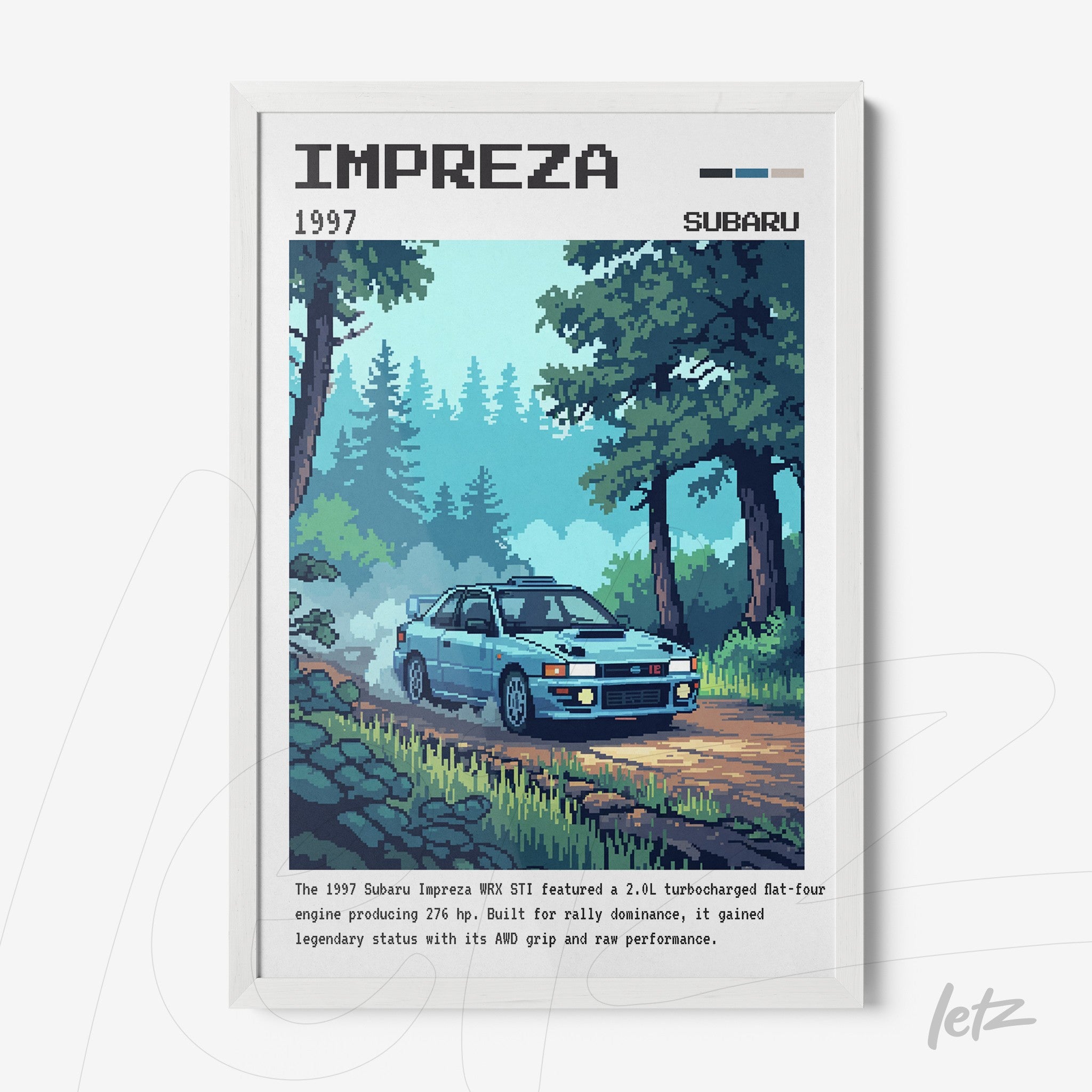 pixel art of the Subaru Impreza WRX STI framed in white