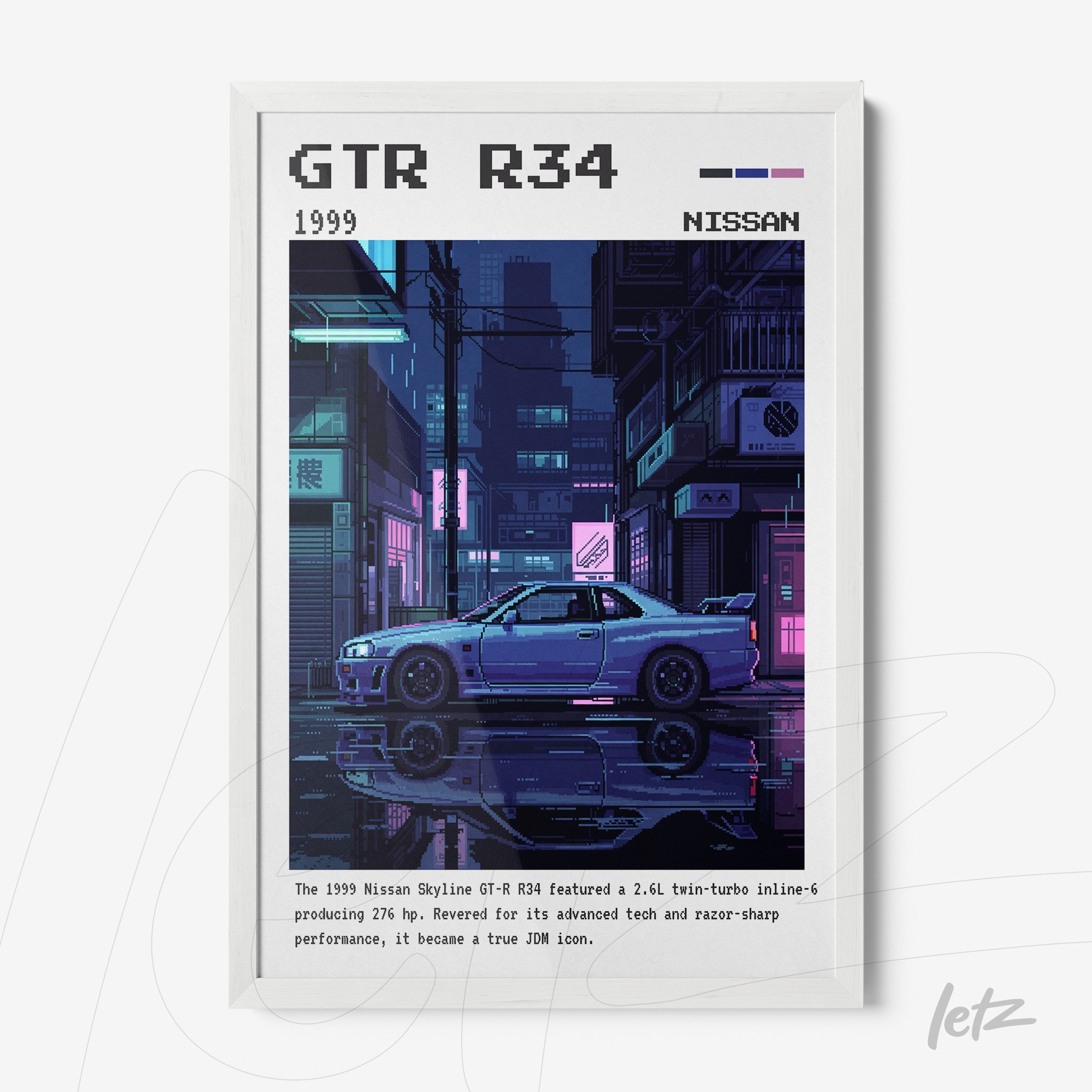 framed digital art of Nissan GTR R34 car in a nighttime city setting with neon lights