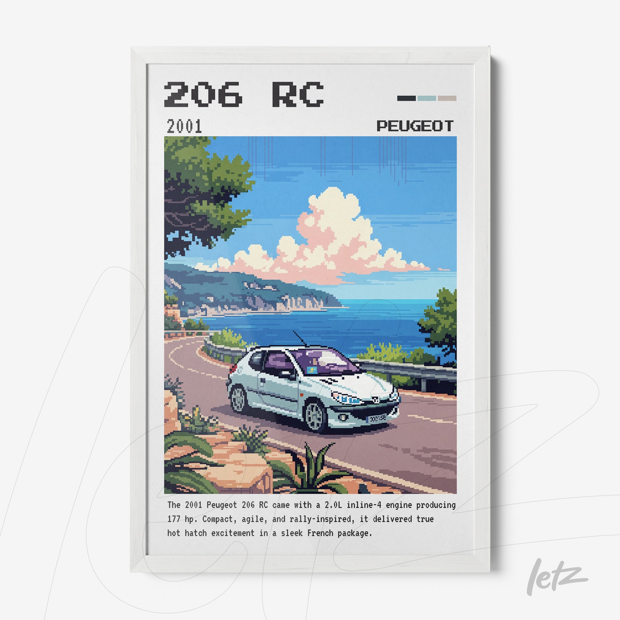pixel art print of a Peugeot 206 RC on a coastal road with a scenic seaside background
