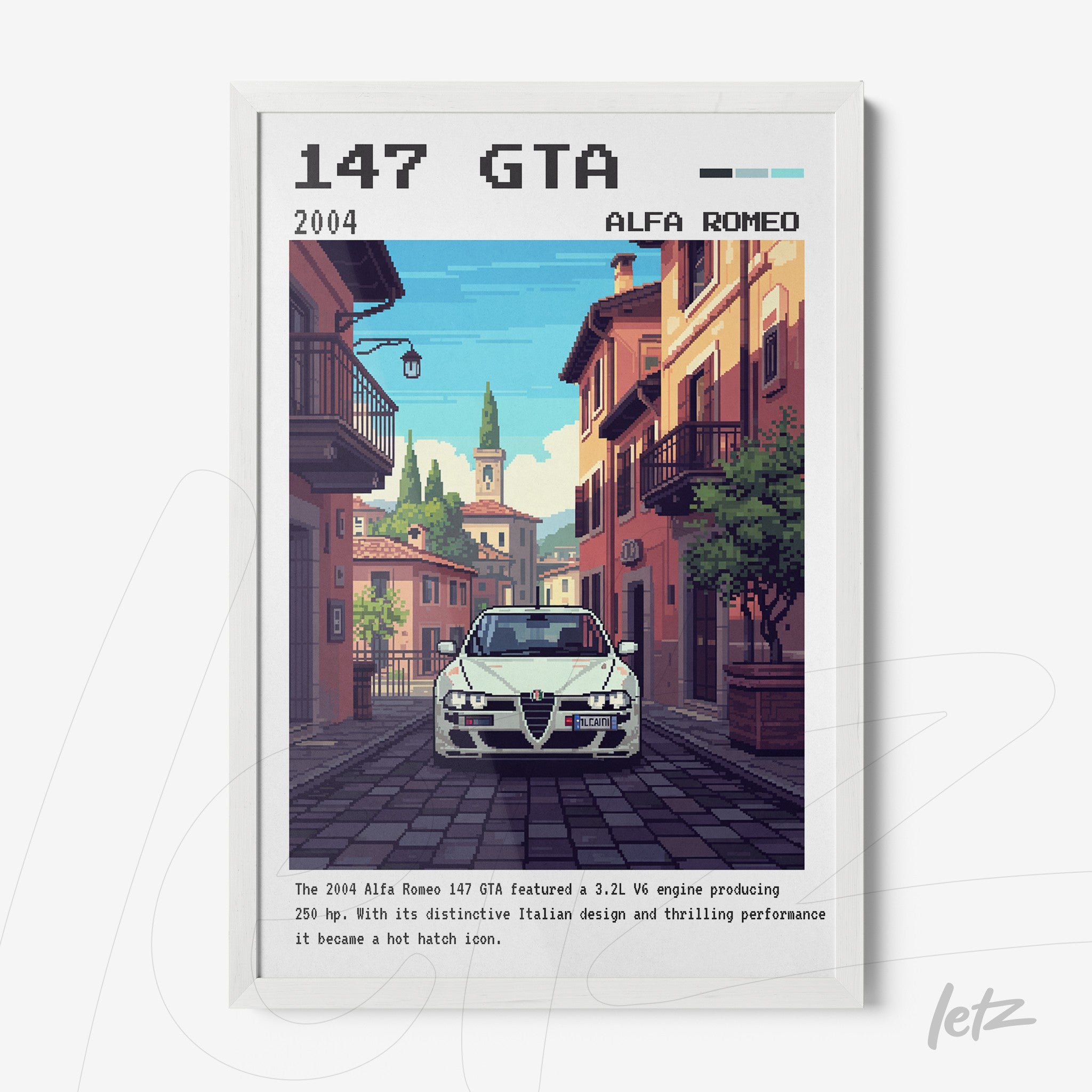 retro digital artwork of an Alfa Romeo 147 GTA in an Italian street with white frame
