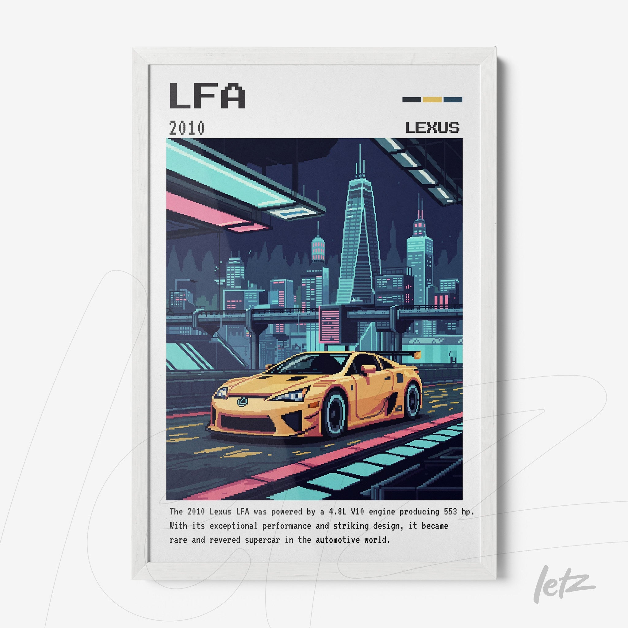 framed digital art of a yellow sports car set in a nighttime cityscape with a white frame