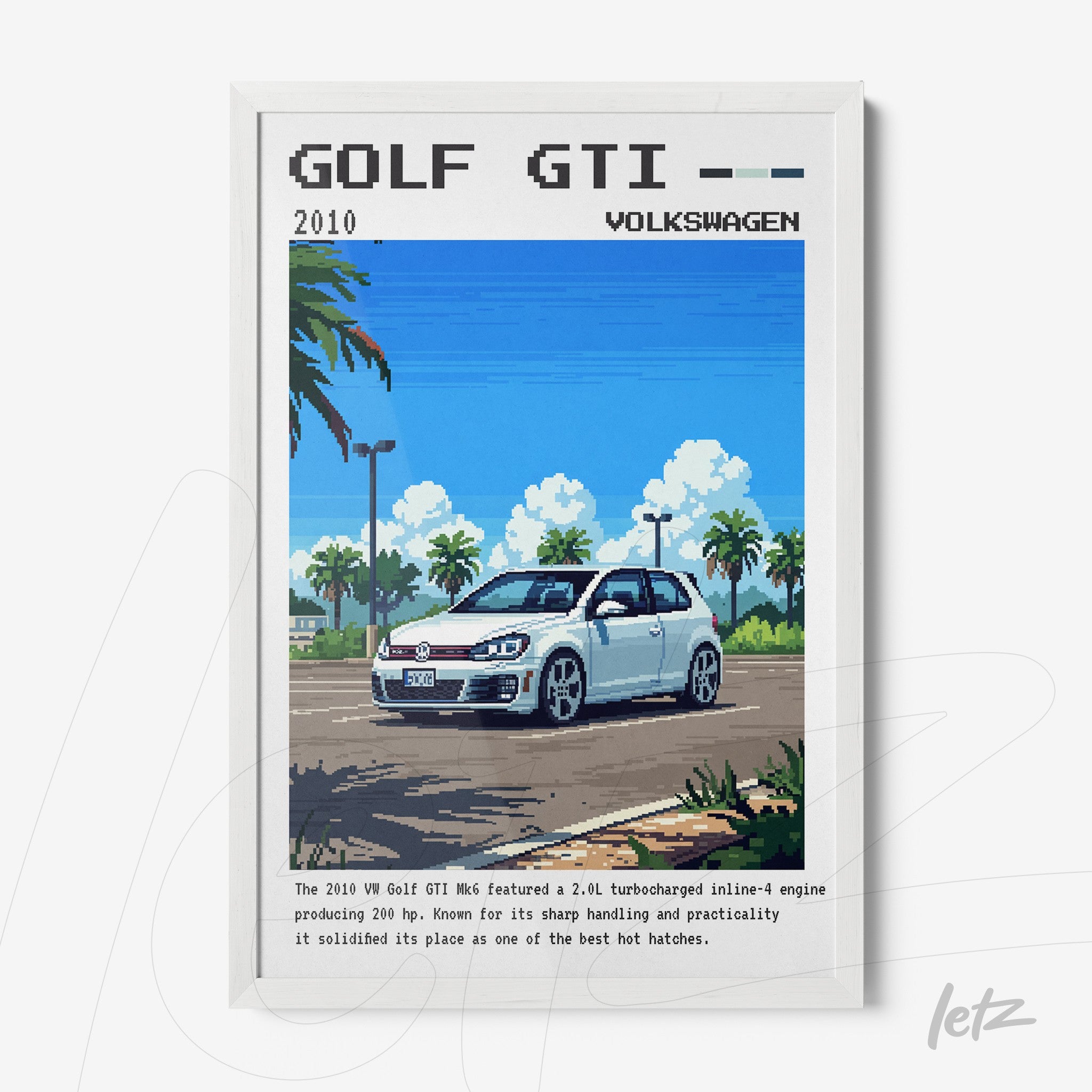 framed wall art featuring pixel art of a volkswagen golf gti on a sunny street