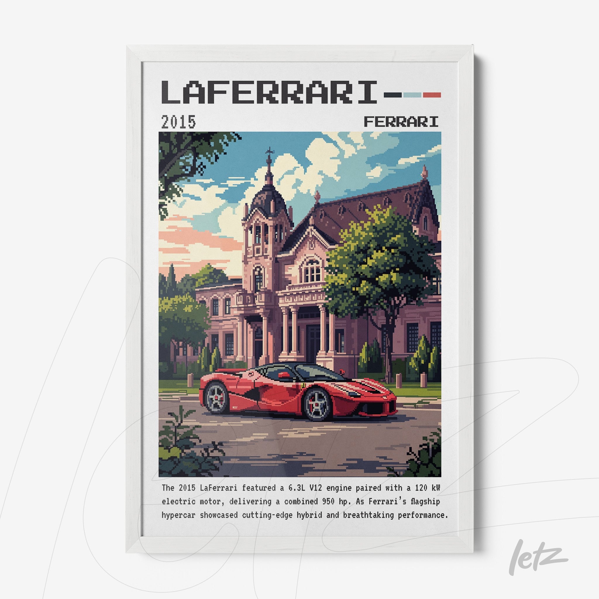 framed pixel art depicting a Ferrari LaFerrari in front of a classic mansion