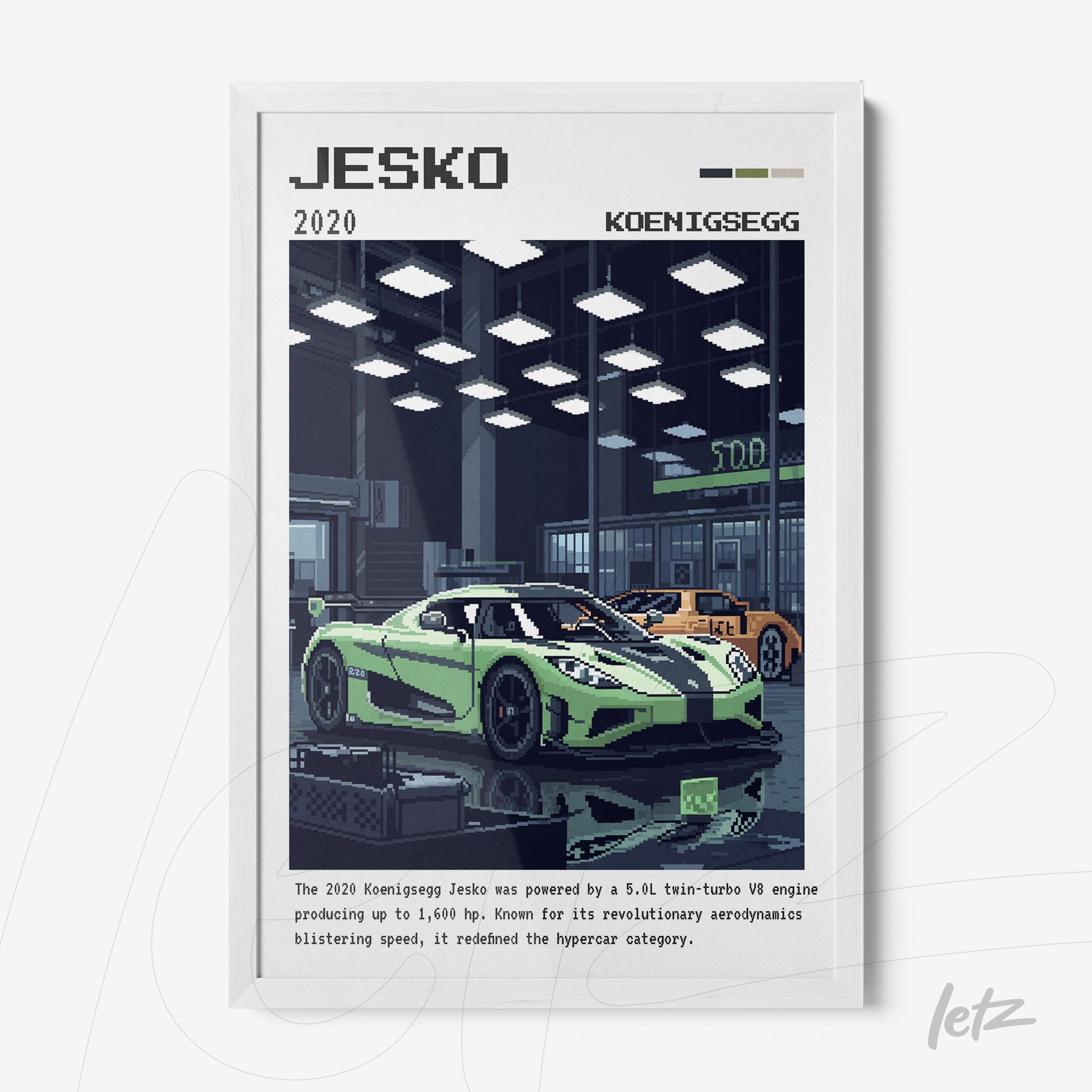 digital artwork of Koenigsegg Jesko sports car in white frame