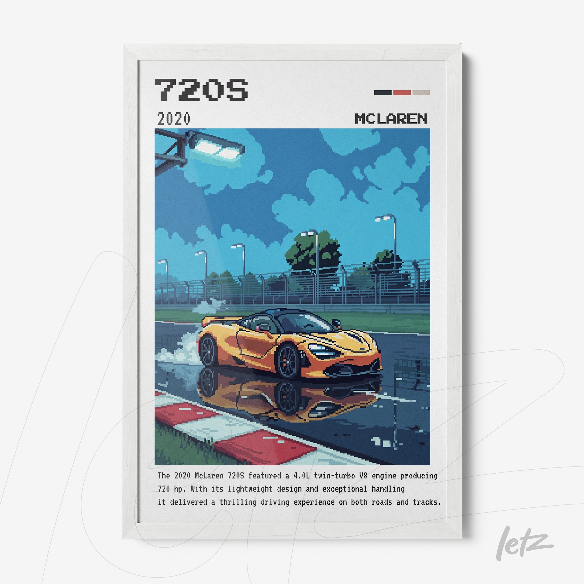 framed pixel art of a McLaren 720S sports car on a wet track