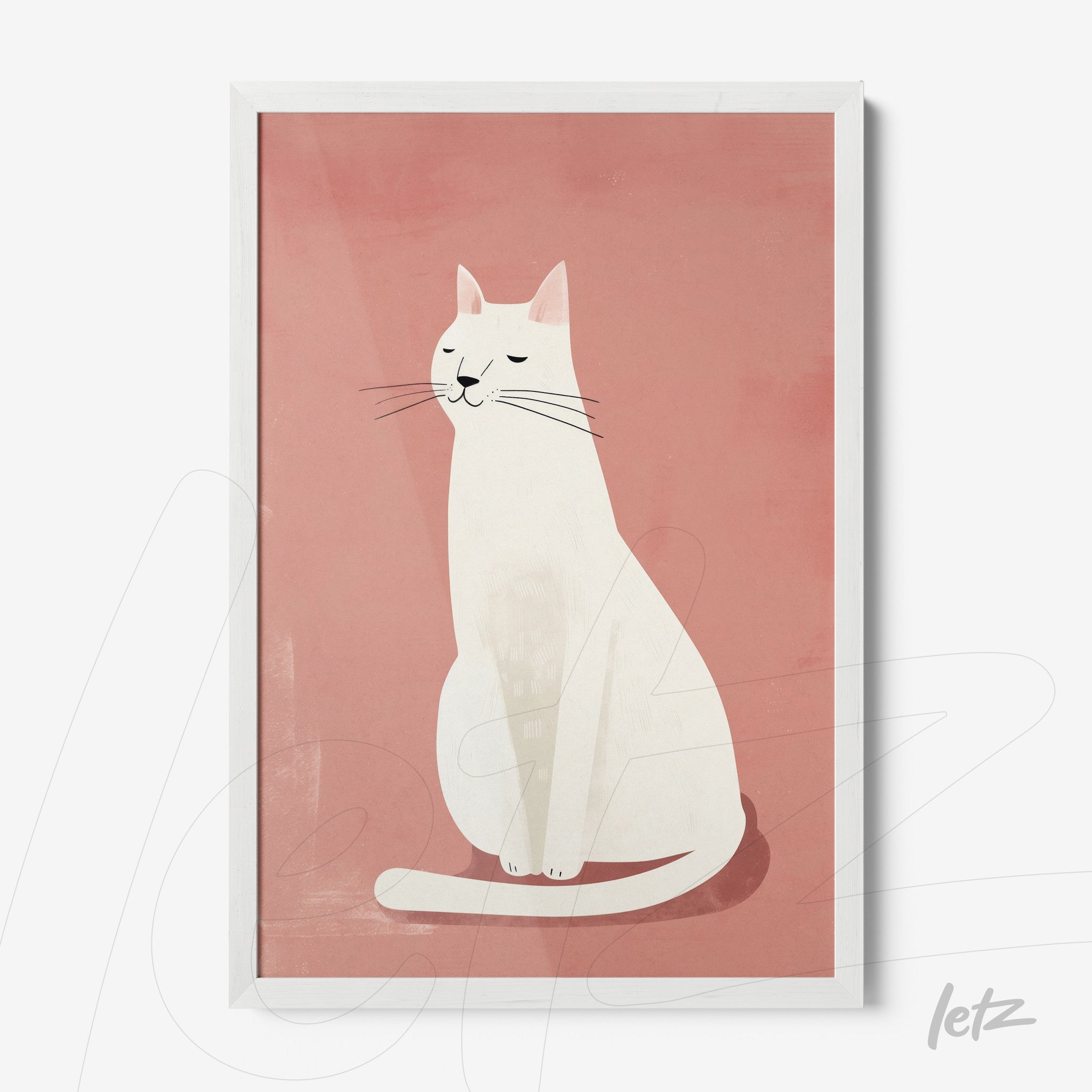 framed wall art featuring a minimalist illustration of a white cat on a pink background with white frame