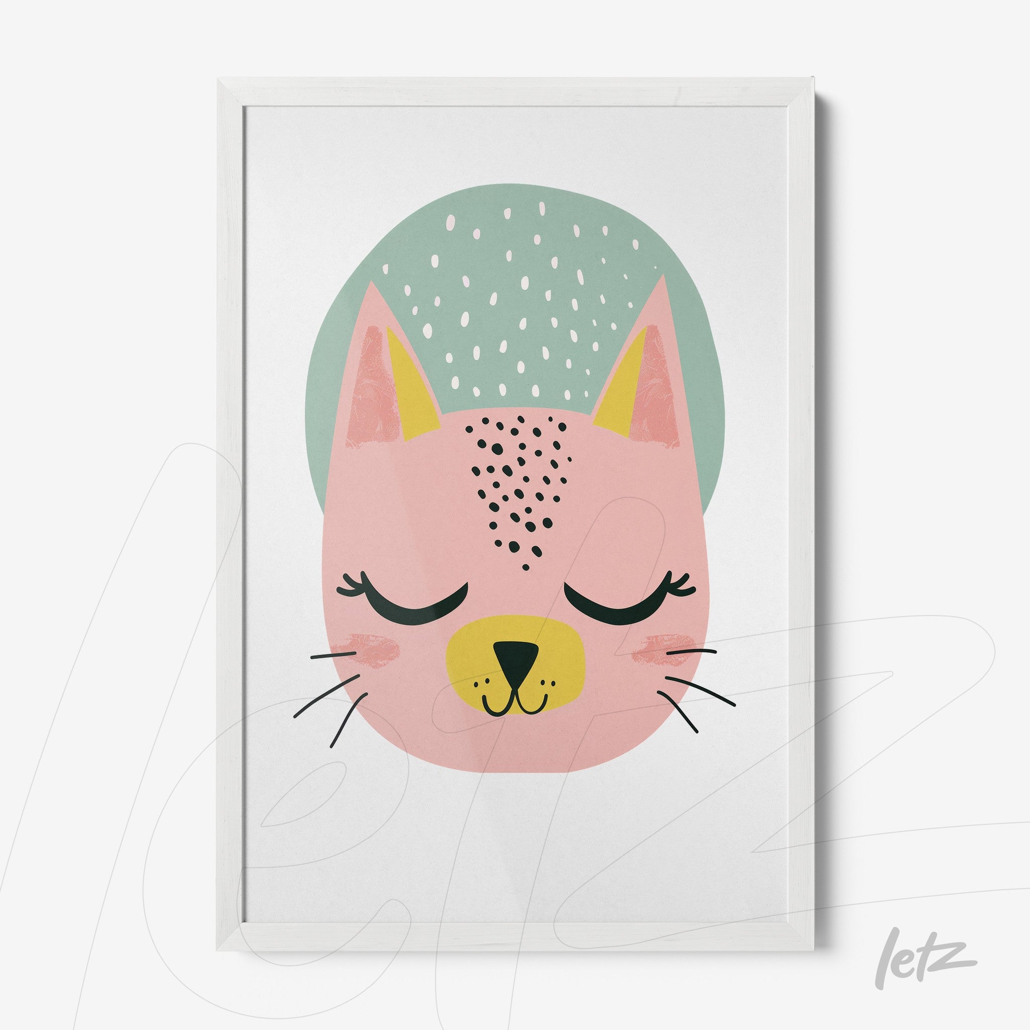 framed art featuring a pink cat illustration with a green background