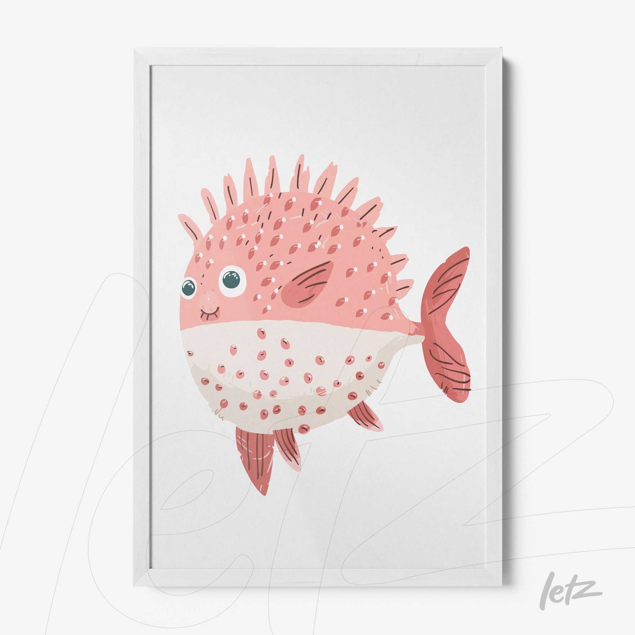 framed artwork featuring a cute pink fish with spikes and large eyes