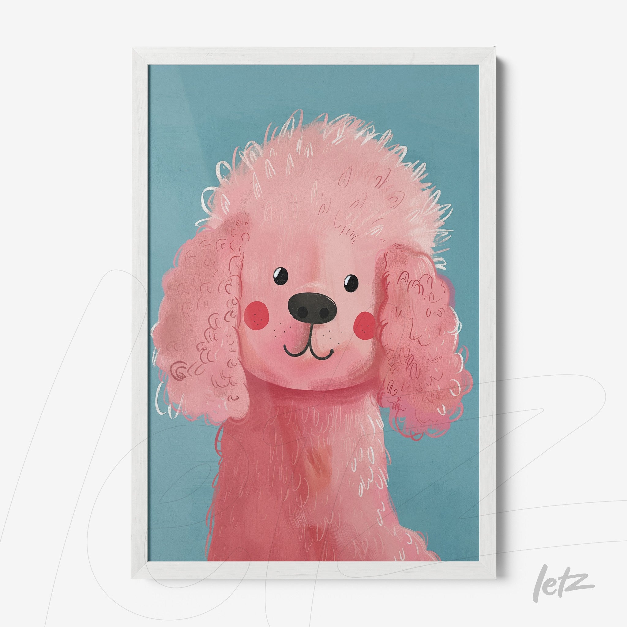 framed illustration of a pink curly-haired dog in white frame