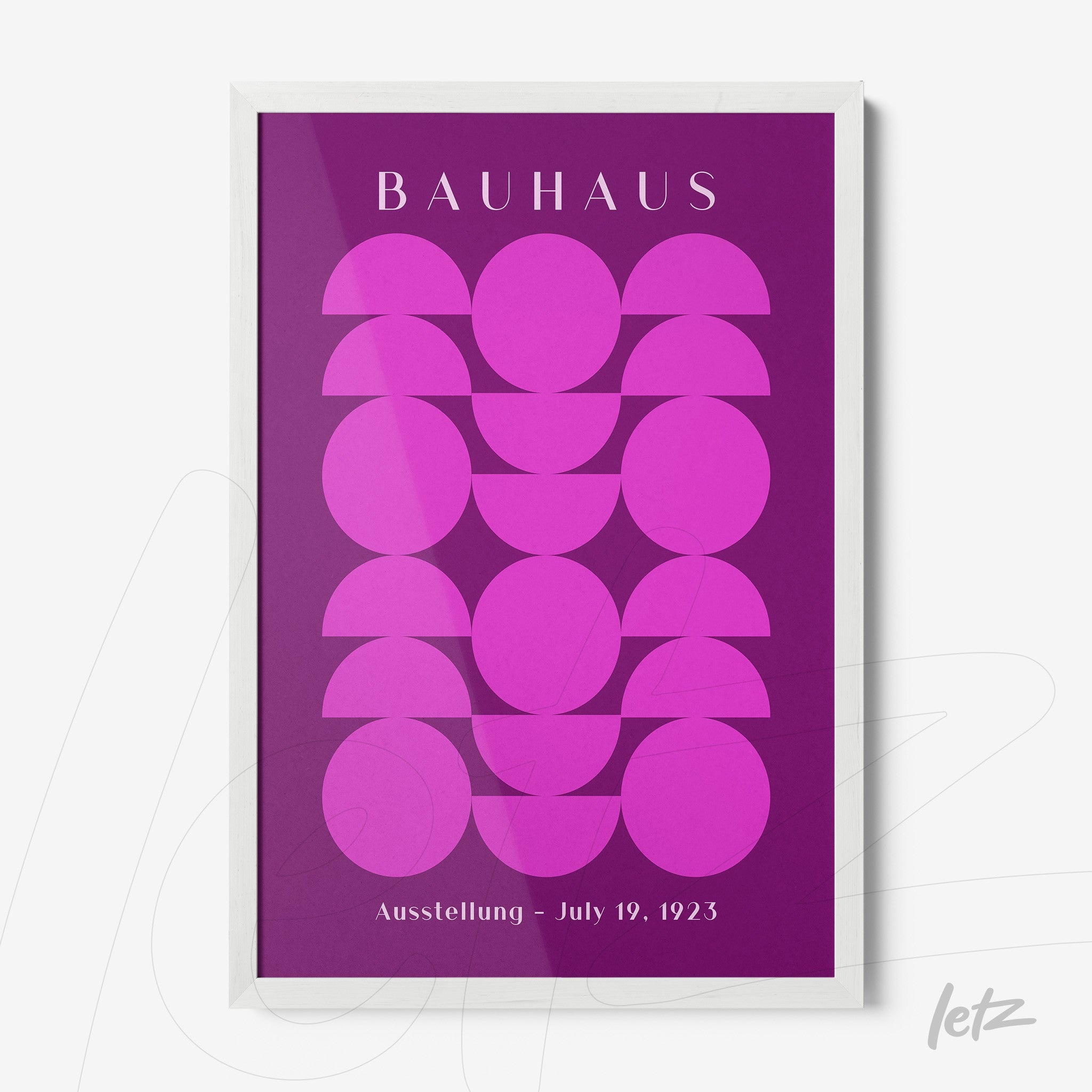 poster featuring geometric art in shades of pink and purple with a thin white frame