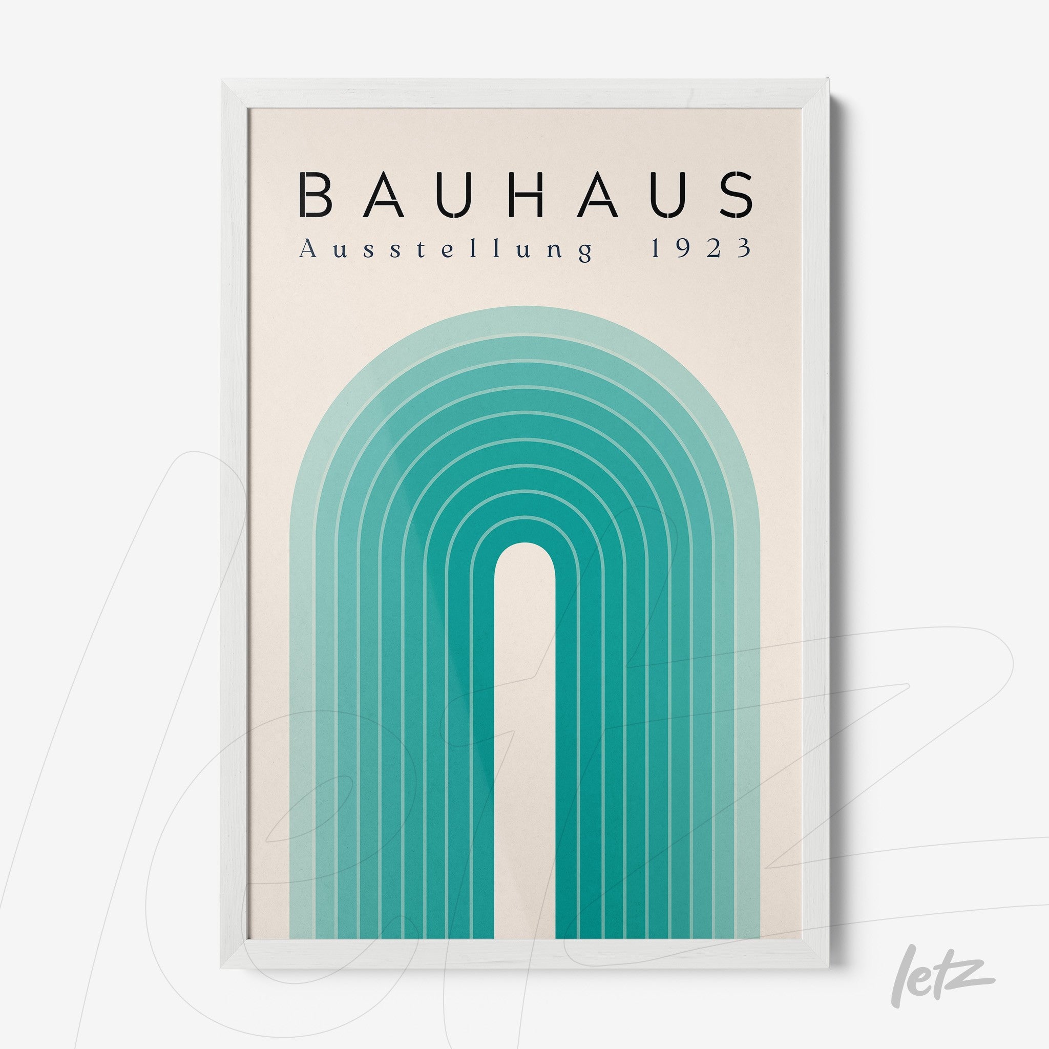 bauhaus style art print with concentric blue arches on beige background, white frame