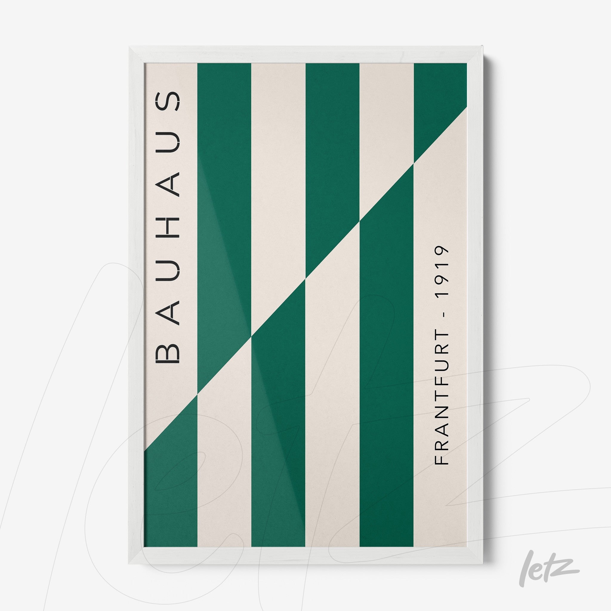 poster print featuring geometric design in green and gray tones, with vertical text on the sides and white frame